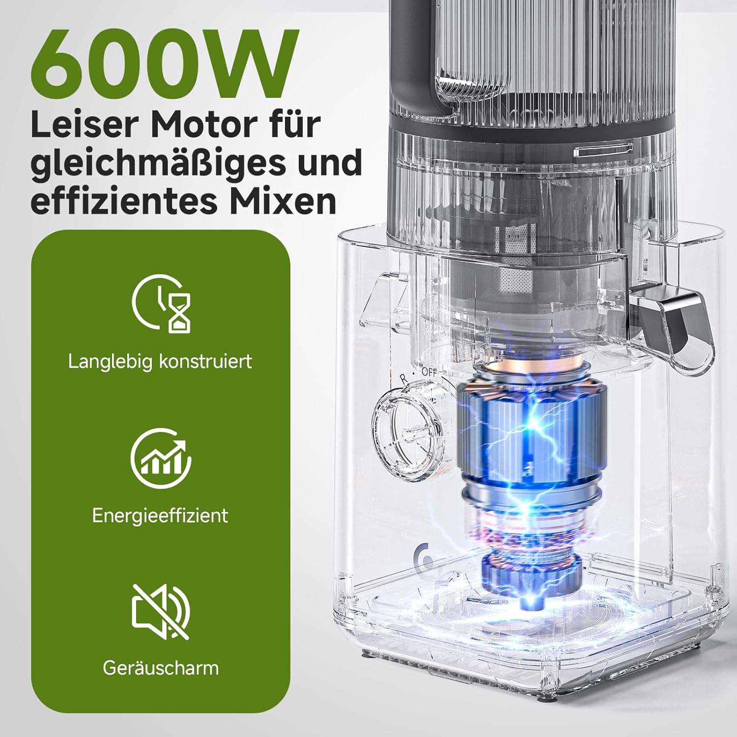 AMZCHEF Slow Juicer Kaltpress-Entsafter für Obst & Gemüse, 160 mm XXL-Einfüllöffnung für ganze Früchte, 2,5 l Behälter, 2 Filter für Saft und Sorbet, leise und leicht zu reinigen, schwarz – Bild 4