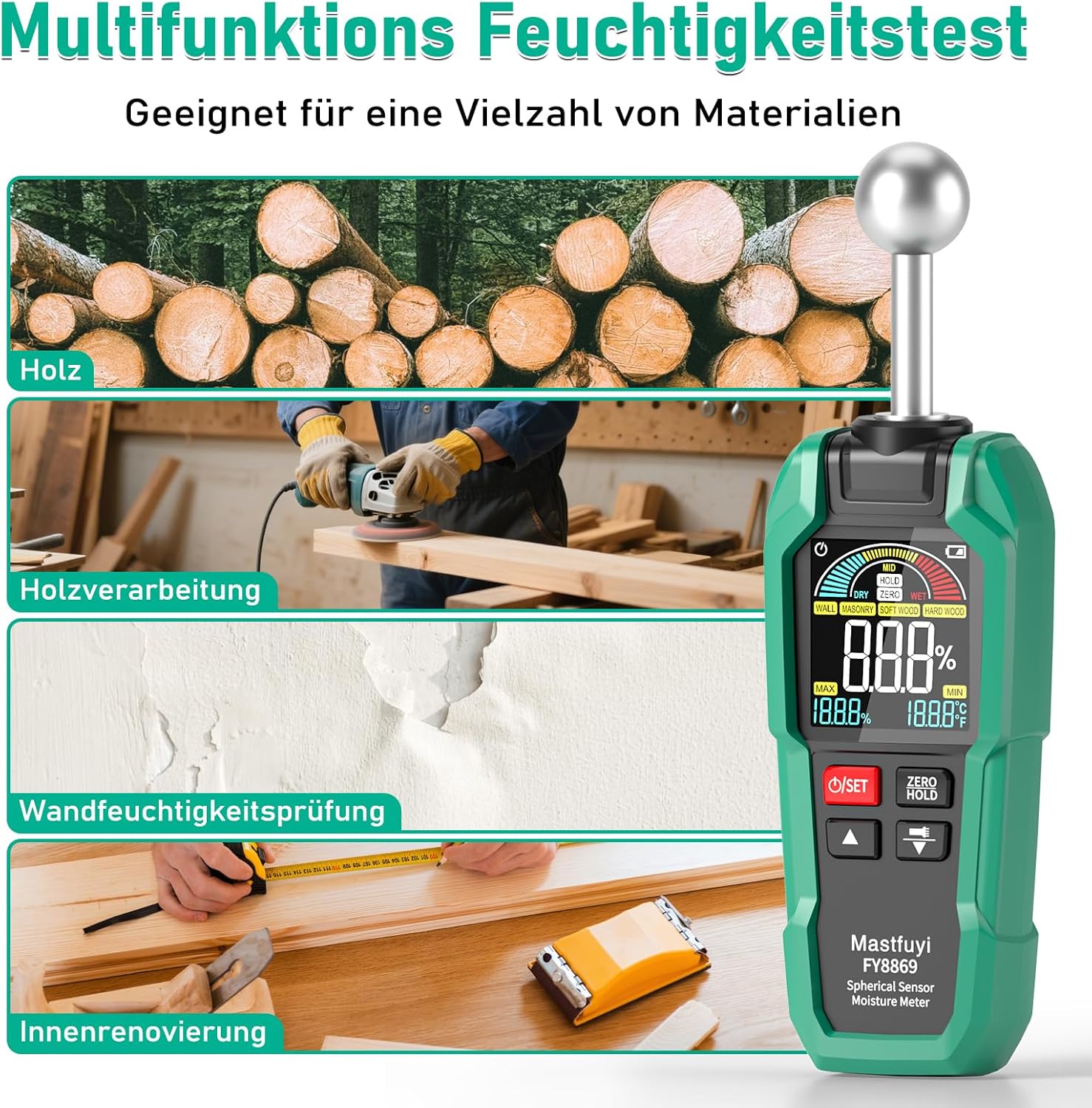 Feuchtigkeitsmesser, zerstörungsfreie Messung, Feuchtigkeitsmesser mit Farb-LCD und akustischem Alarm für Holz, Wand, Decke, Boden, Wohnmobil – Bild 6