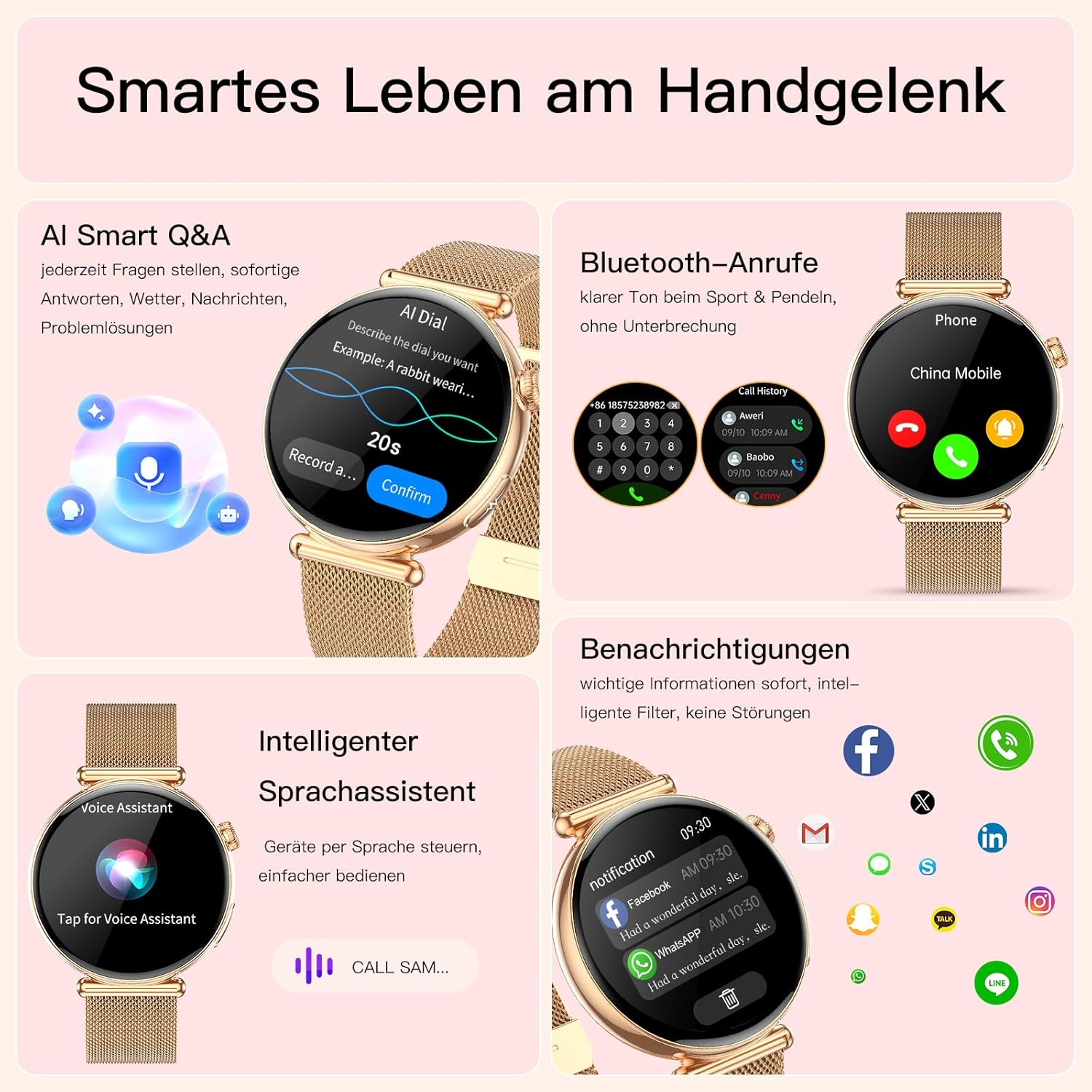 2026 Damen-Smartwatch mit EKG/Blutdruck/B, 1,32 Zoll AOD-Gesundheitsuhr, AI-Zifferblatt und AI Smart Q&A, Bluetooth-Anrufe/Spо₂/Aρnοe/Schlaf/Puls/HRV/BMI/Stress, 100+ Sportmodi, kleine runde Fitnessuhr – Bild 5
