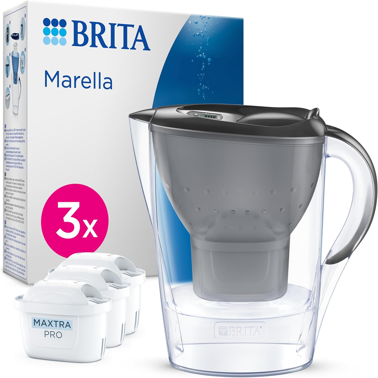 BRITA Marella Wasserfilterkanne Graphite (2,4 L) inkl. 3 x Maxtra Pro Pure Performance Kartuschen – kühlschrankgeeignete Filterkanne mit BRITA Memo, Klappdeckel, filtert Verunreinigungen