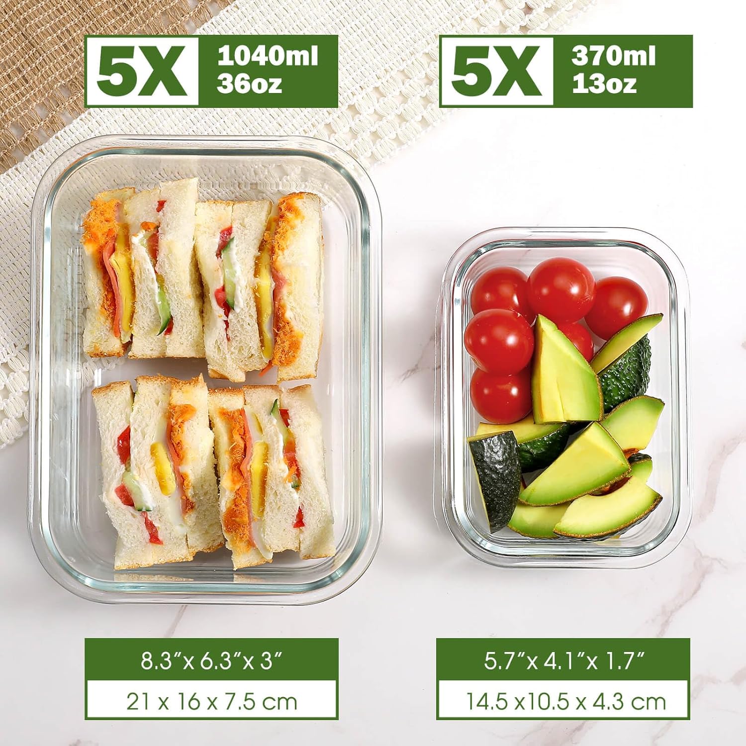 YASHE Glasbehälter mit Deckel, 10 Stück, stapelbare und luftdichte Meal-Prep-Boxen, Glas für spülmaschinenfeste, mikrowellen- und gefriergeeignete, auslaufsichere, BPA-freie Glasbehälter mit Deckel-Set – Bild 2
