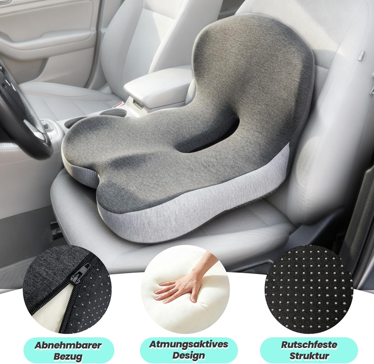 Urban Deco Orthopädisches Sitzkissen mit Rückenlehne, ergonomisches Memory-Schaum-Rückenstützkissen, Stuhlkissen für Bürostuhl, Autositz, Rollstuhl, Büro, Auto, Schwarz & Grau, 1 Stück – Bild 6