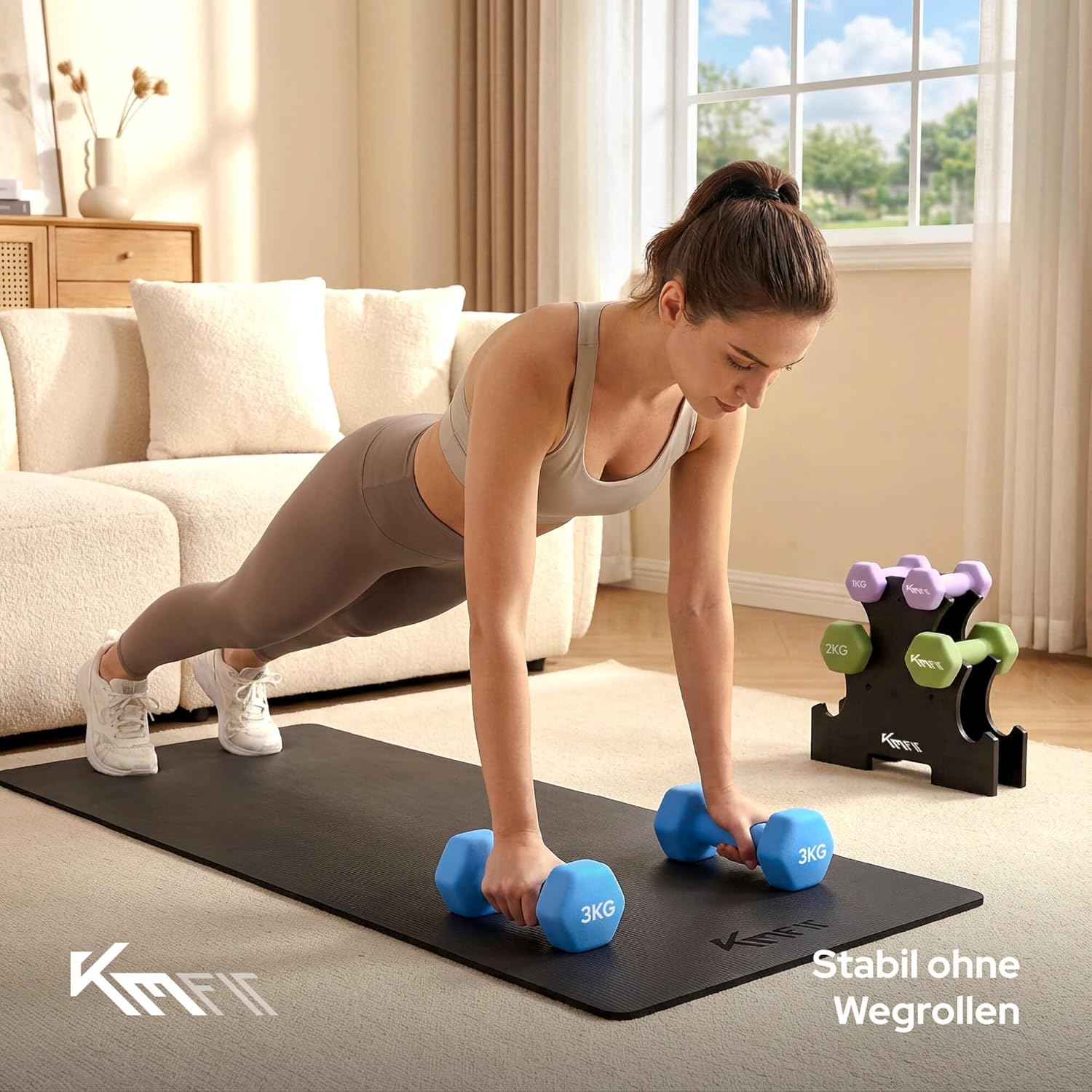 KM-Fit Hantel-Set 12 kg mit Ständer, Neopren-Hanteln 1-3 kg, Gusseisen, ergonomischer Griff, rollsicher, Fitness- und Krafttraining für das Heim-Fitnessstudio – Bild 6