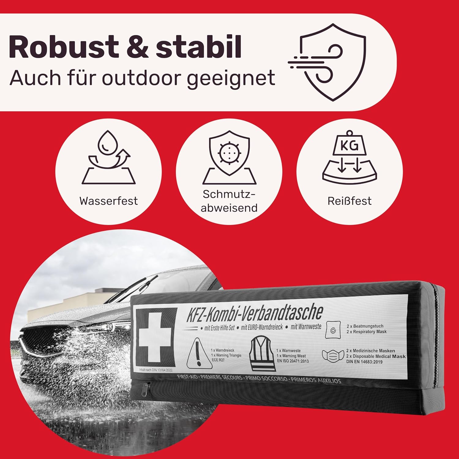 PKW Kombitasche (3 in 1) nach aktueller Norm 2026 - inkl. Warndreieck, Warnweste - Verbandskasten Warndreieck Set Verbandskasten KFZ DIN 13164:2022 (StVO konform) – Bild 4