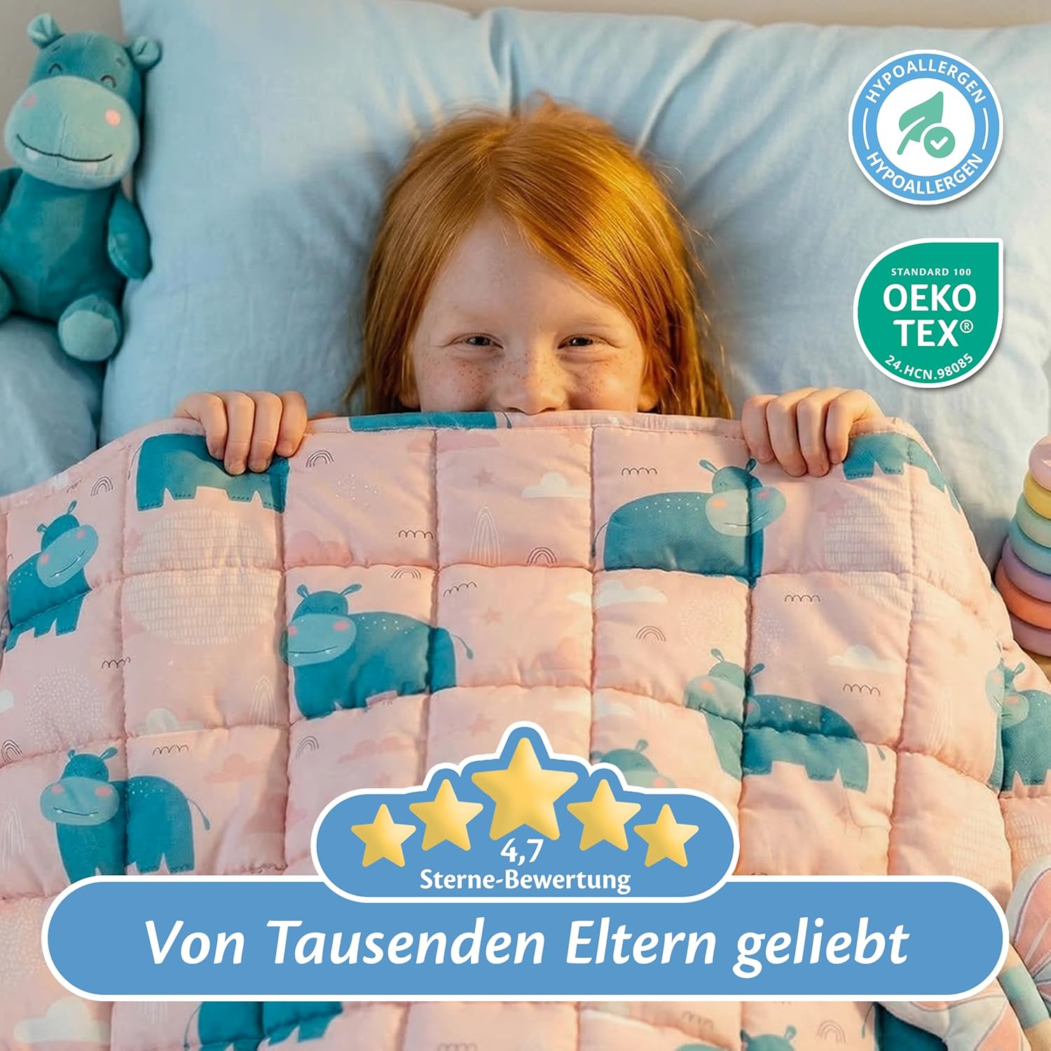 Ella Gewichtsdecke für Kinder, 2,4 kg, 90 x 120 cm – Therapiedecke zum Stressabbau und bei Angstzuständen, hypoallergene Glasperlen, weiche und kühlende Baumwoll-Außenschicht für Kinder von 15–25 kg – Nilpferd – Bild 7