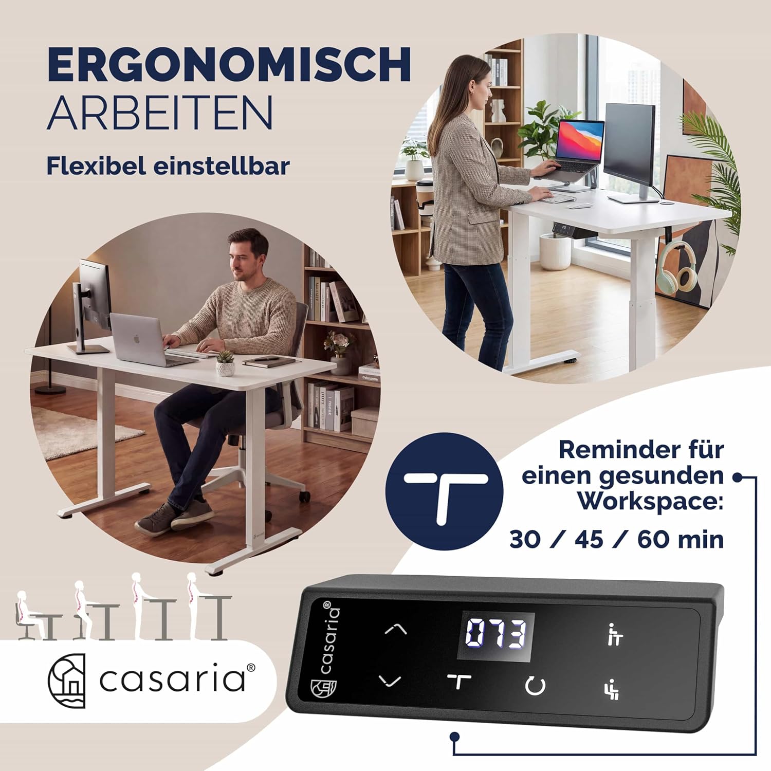 Casaria Höhenverstellbarer elektrischer Schreibtisch 120 x 60 cm mit kabellosem Ladegerät und USB-C/A-Anschluss, LCD-Display, Memory-Funktion, 80 kg Tragkraft, ergonomisch, Weiß – Bild 4