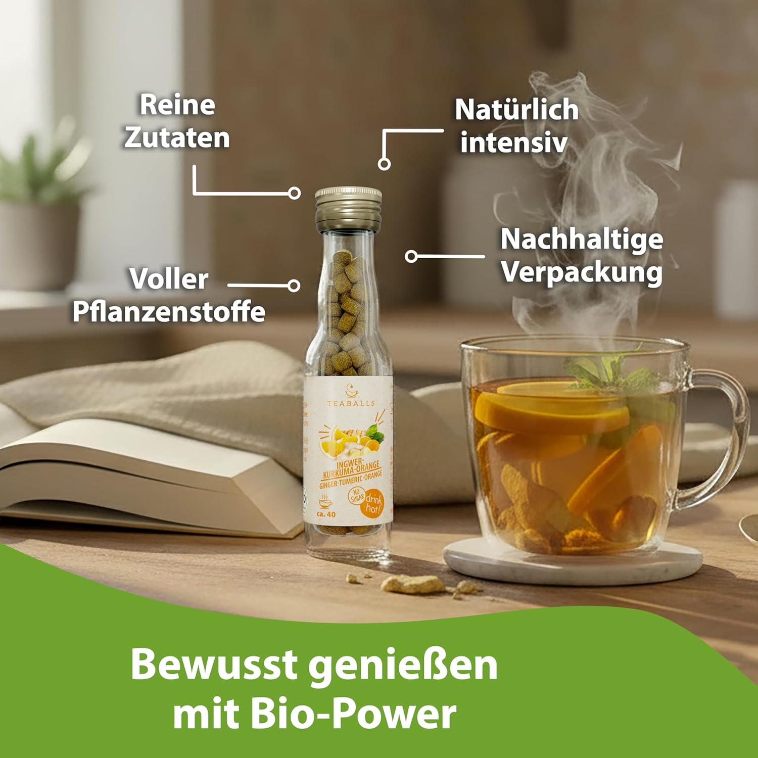 TEABALLS Bio – 3er-Set Feel Good – Ingwer-Kurkuma-Orange, Guten-Morgen-Tee, Chai Latte – ca. 120 Tassen – Bio-Tee ohne Beutel, nur mit heißem Wasser, zuckerfrei – Geschenk zum Wohlfühlen – Bild 6