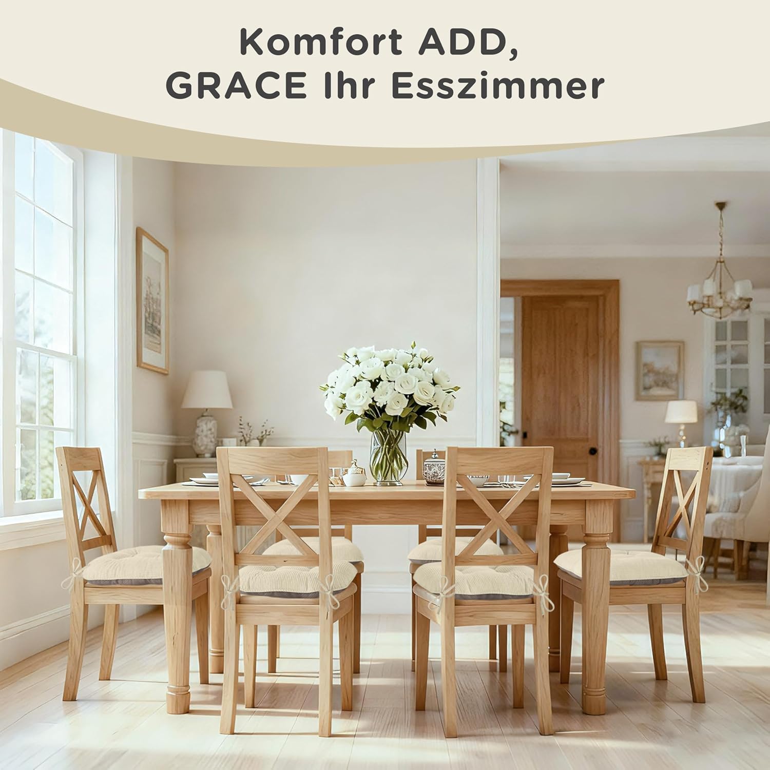 AddGrace Sitzkissen für Esszimmerstühle, 4er-Set, rutschfeste Küchensitzkissen mit Bändern, gequetschte dicke Sitzkissen für Küchen- und Esszimmermöbel, 43 x 40 x 8 cm, Beige – Bild 7