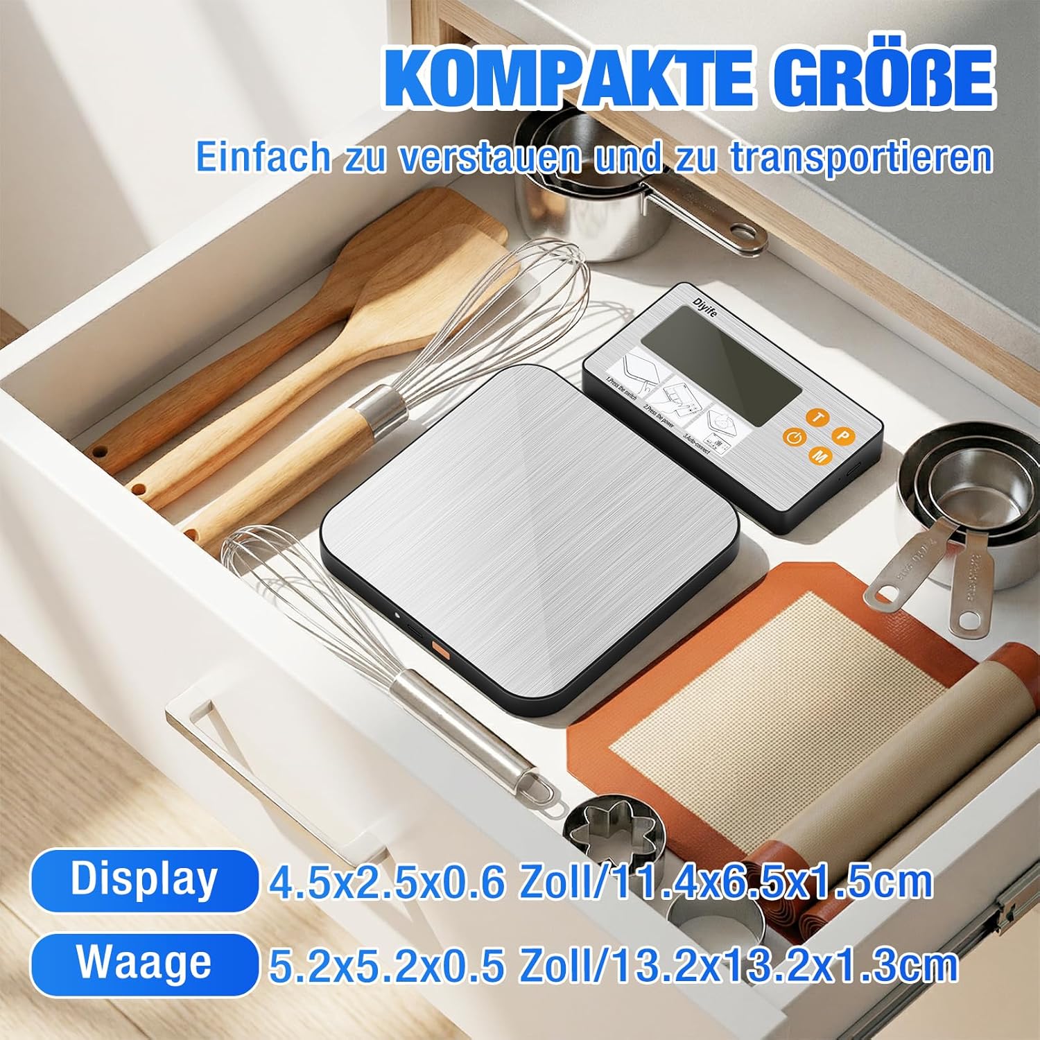 Diyife Küchenwaage, digital, geteilt, Edelstahl, 1 g/15 kg, Haushaltswaage, USB-Aufladung und batteriebetrieben, hintergrundbeleuchtetes LCD-Display, Küchenwaage, Zählfunktion zum Backen, Kochen, Essen – Bild 6