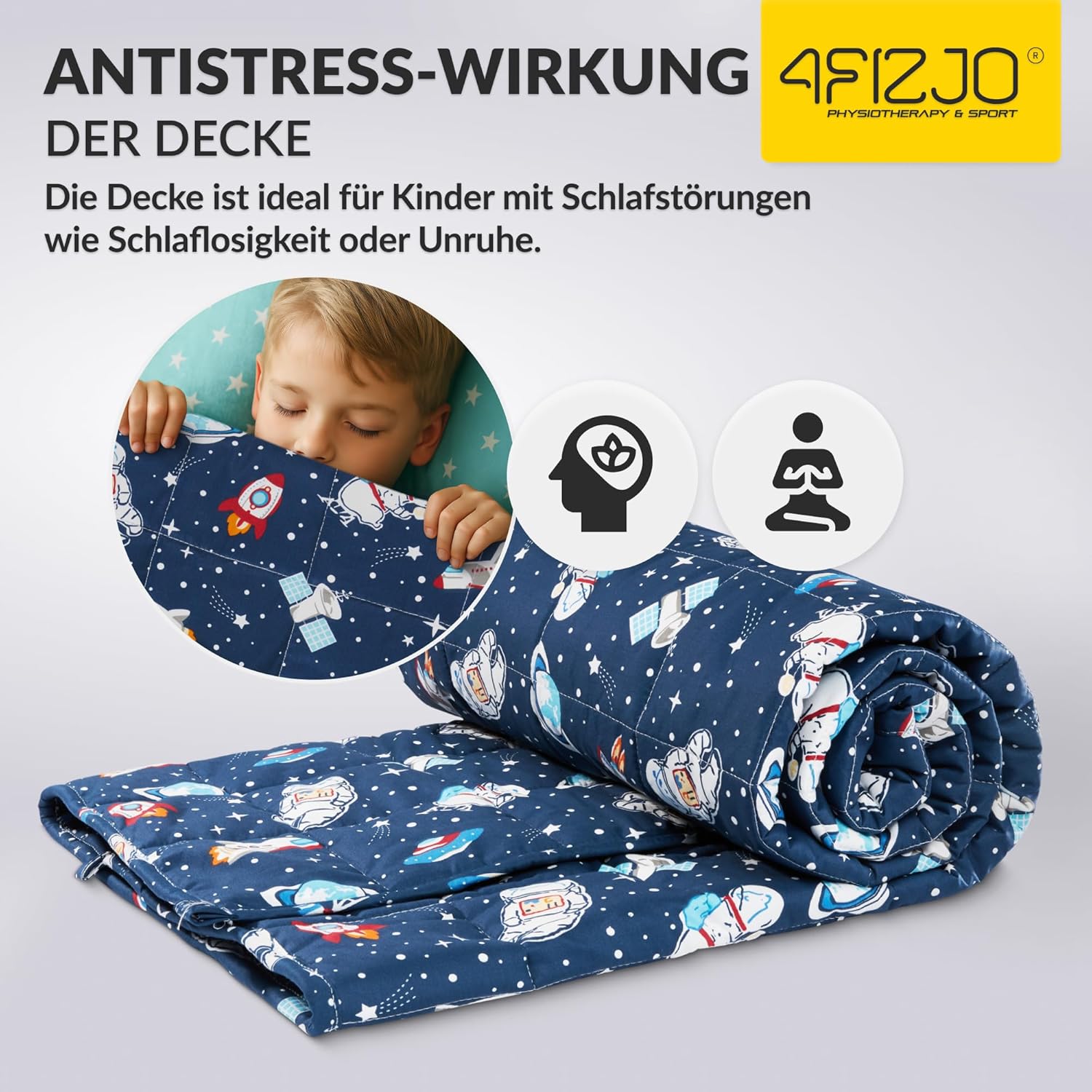4FIZJO Gewichtsdecke Kinder 4 kg 100 x 150 cm, Therapiedecke zum Stressabbau & Angstzustände, hypoallergene Glasperlen, weiche & kühlende Polyester-Außenschicht, für Kinder von 25-40 kg, Dunkelblau – Bild 4