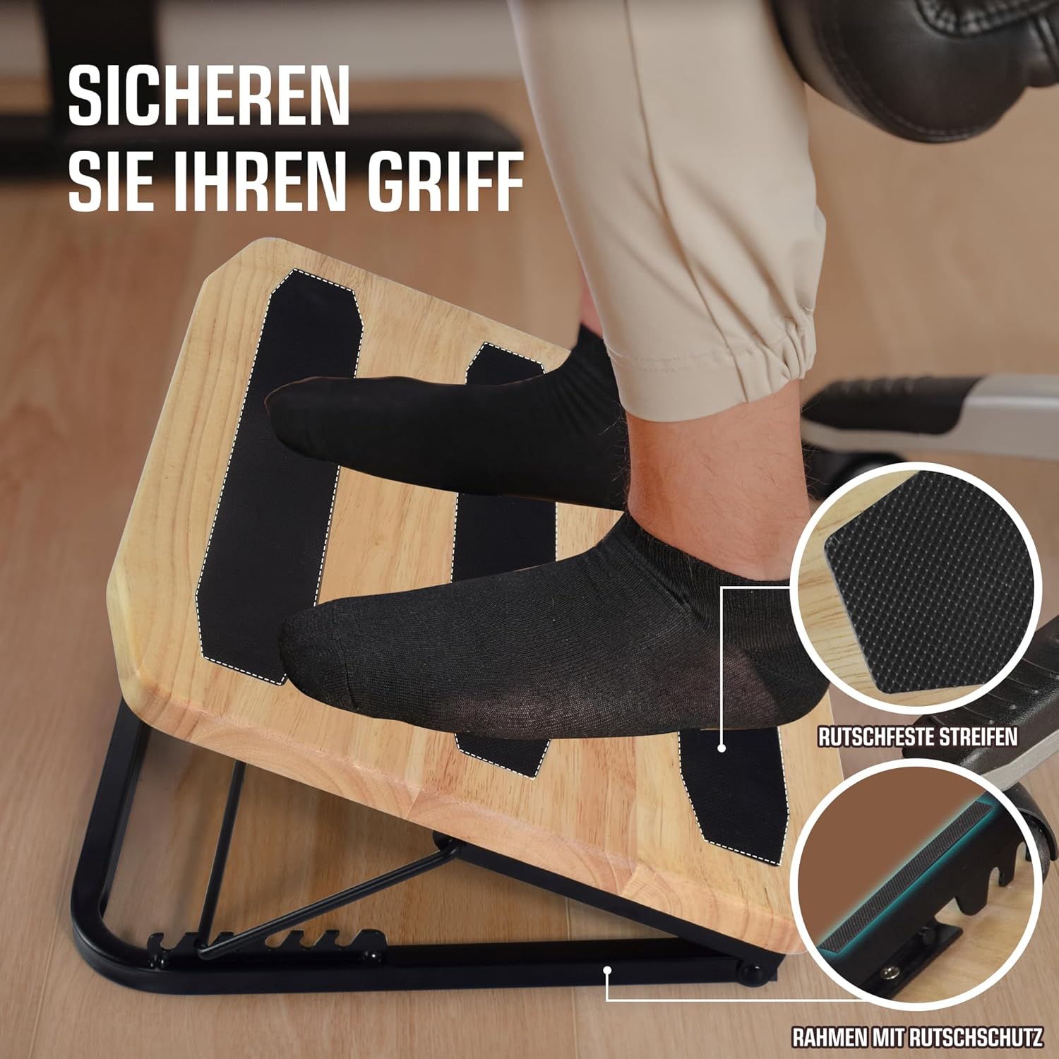 Verstellbare Fußstütze für den Schreibtisch, ergonomischer Fußhocker aus Holz, unter dem Schreibtisch, Fußhocker – 7 verstellbare Winkel, Holz-Schreibtisch-Fußstütze mit rutschfester Matte (Naturholz) – Bild 7