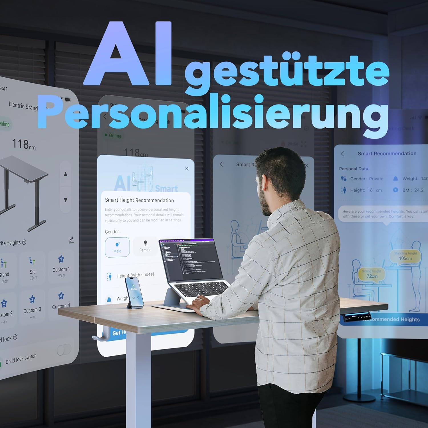 HUANUO AI-gesteuerter elektrischer Stehschreibtisch 120 x 60 cm mit Smart App, funktioniert mit Alexa & Google, höhenverstellbar, 6 Speicherstufen, Sitzerinnerung, ergonomisch – Bild 2