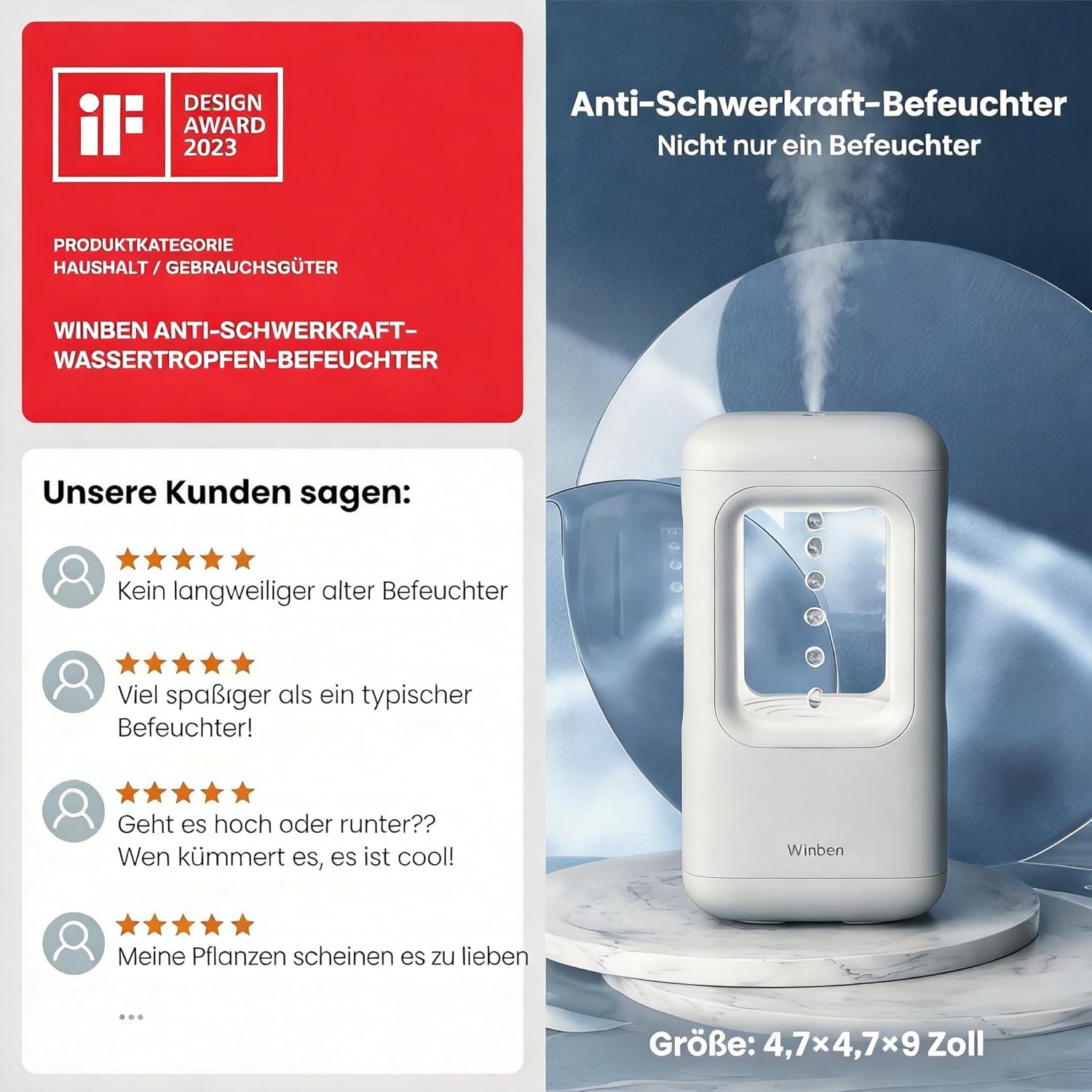 Ultraschall-Luftbefeuchter, weißer, flüsterleiser Kaltnebel mit automatischer Abschaltung, Red Dot Design Award 2023, Luftbefeuchter für Schlafzimmer, Babyzimmer, Büro & Pflanzen – Bild 2