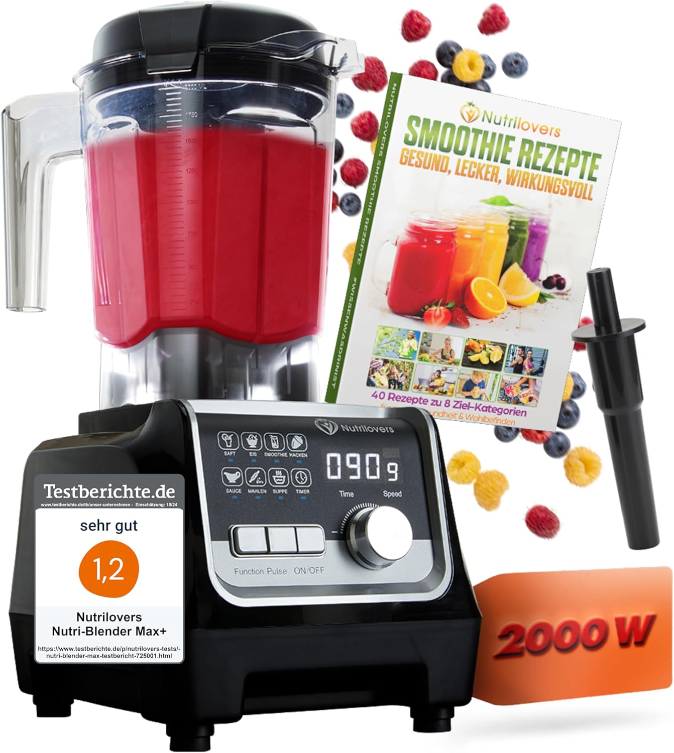 Nutrilovers NUTRI-BLENDER MAX+ Hochleistungsmixer 2000 W, Hochleistungs-Smoothie-Maker, Profi-Mixer – 2 l Tritan, BPA-frei, 9 Stufen, digitaler Timer mit Smoothie-Rezeptbuch