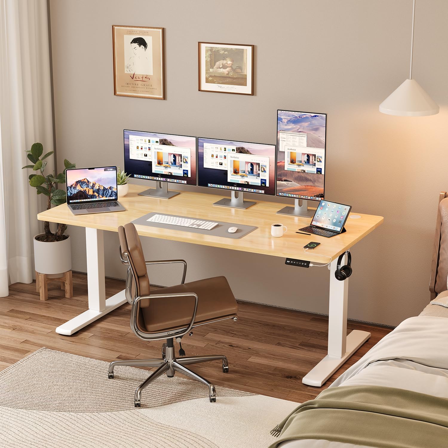 JUMMICO Elektrisch höhenverstellbarer Schreibtisch – Stehsitztisch mit Memory-Funktion & kompletter Tischplatte, Computertisch für Büro & Zuhause, 160 x 60 cm, Beige – Bild 2