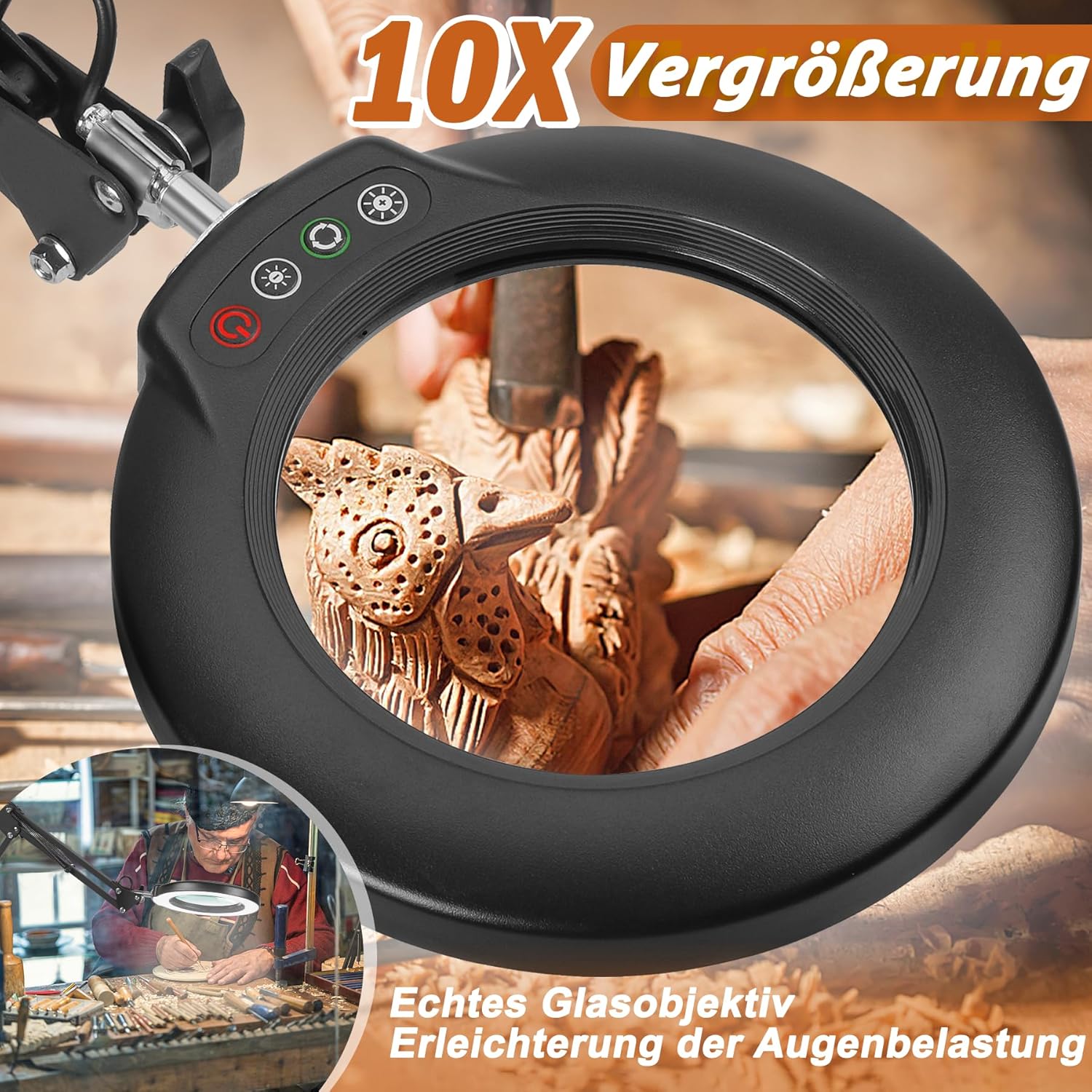 Veemagni 10-fache Lupe mit Licht, 5 Farbmodi, stufenlos dimmbar, 2-in-1-Schreibtischlampe und Klemme, LED-beleuchtete Lupe mit Licht und Ständer, freihändig für Handwerk, Hobby, Malen, Abschlussarbeiten – Bild 2