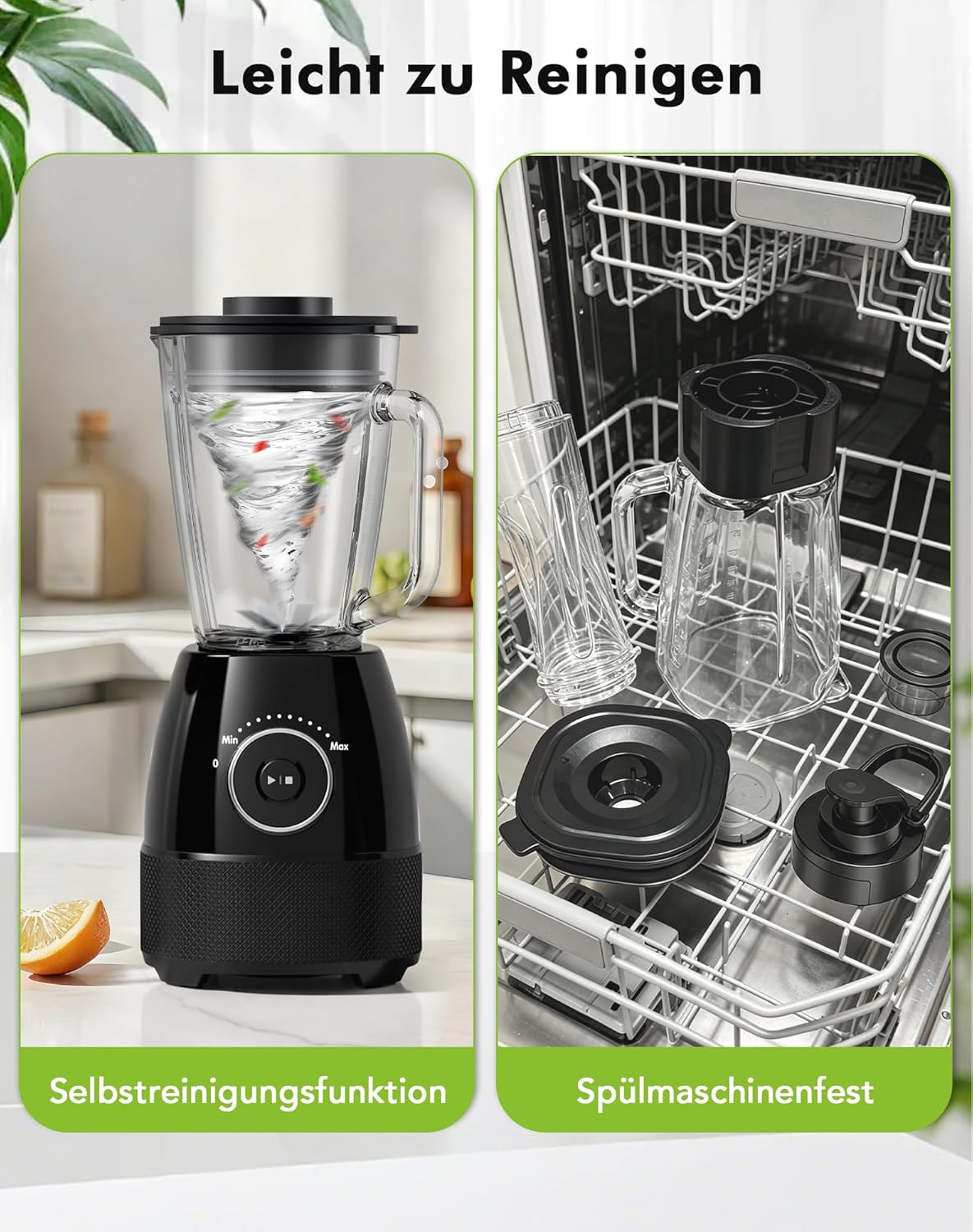 Mixer, Smoothie Maker, Standmixer, 1500 Watt High Speed Mixer Smoothie Maker mit 1,5 L Glasbehälter, 600 ml Flaschen, BPA-freies Tritan, einstellbare Geschwindigkeit für Smoothies, Mixen – Bild 7