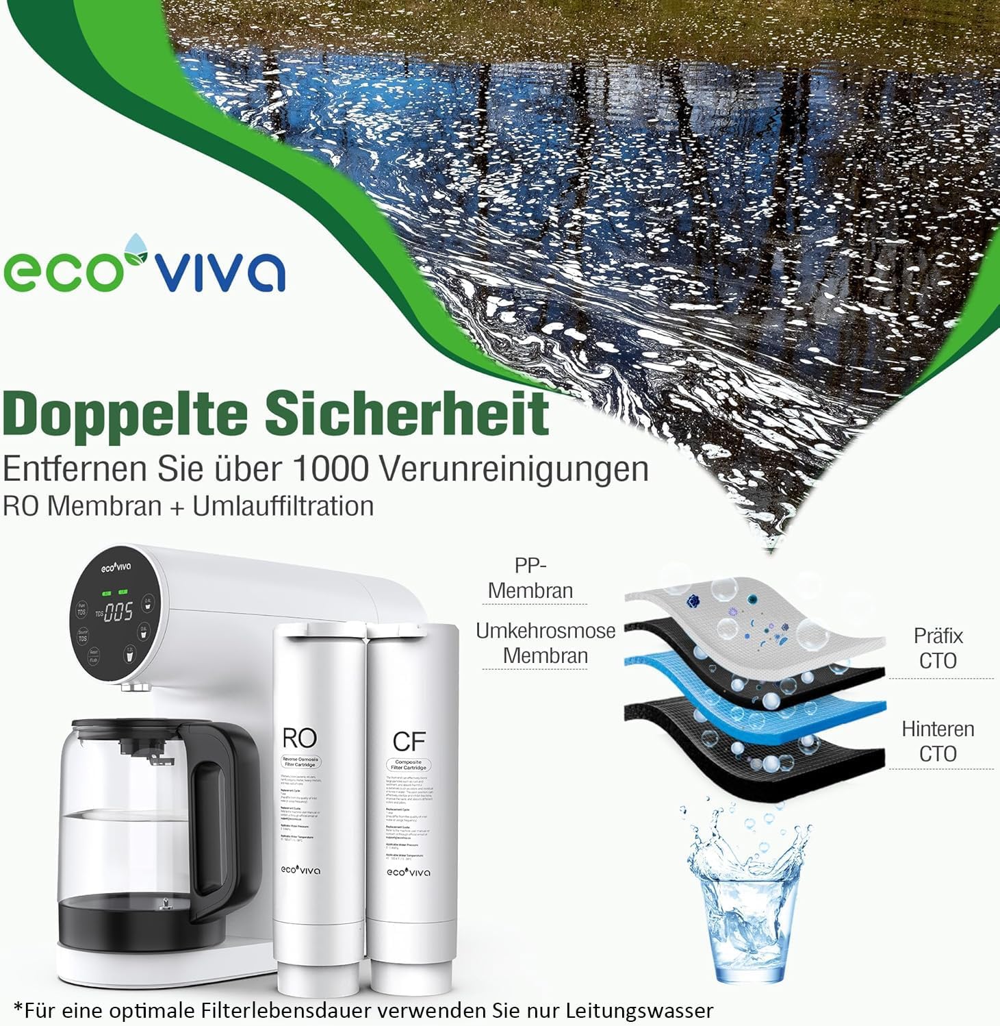Ecoviva WP-RO-200G Tischosmoseanlage, Trinkwasser-Umkehrosmoseanlage mit 5-stufiger Filterung, Echtzeit-TDS-Monitor, 3:1 Reinheit zum Abfluss, mobiler Umkehrosmose-Wasserfilter, keine Installation – Bild 3