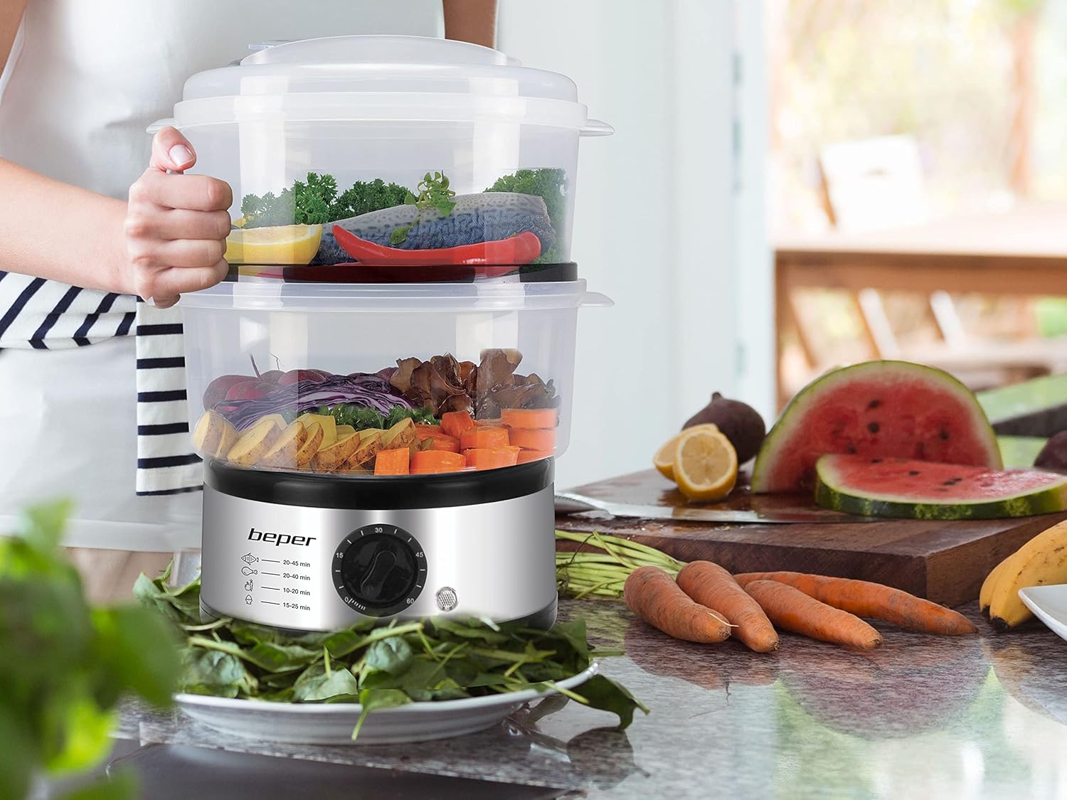 Beper – 5 l Multifunktions-Dampfgarer, kompakte Aufbewahrung, 60-Minuten-Timer, Leistung 400–500 W, – Silber und Schwarz – Bild 6