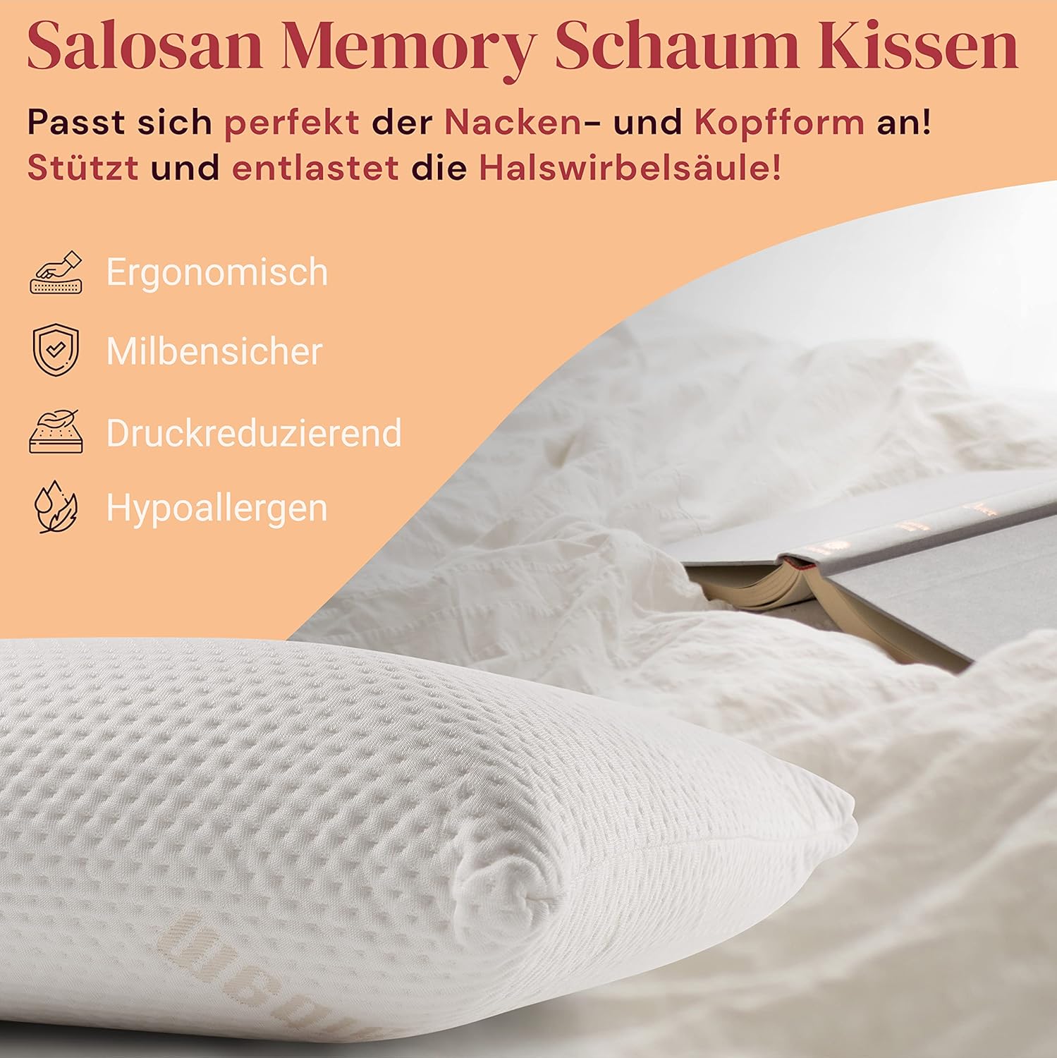 Nackenkissen 72 x 42 x 12 cm – Orthopädisches Kissen mit druckentlastendem Memory-Schaum, ergonomisches Kissen für Bauch-, Rücken- und Seitenschläfer. Kissen für Nackenprobleme – Bild 2
