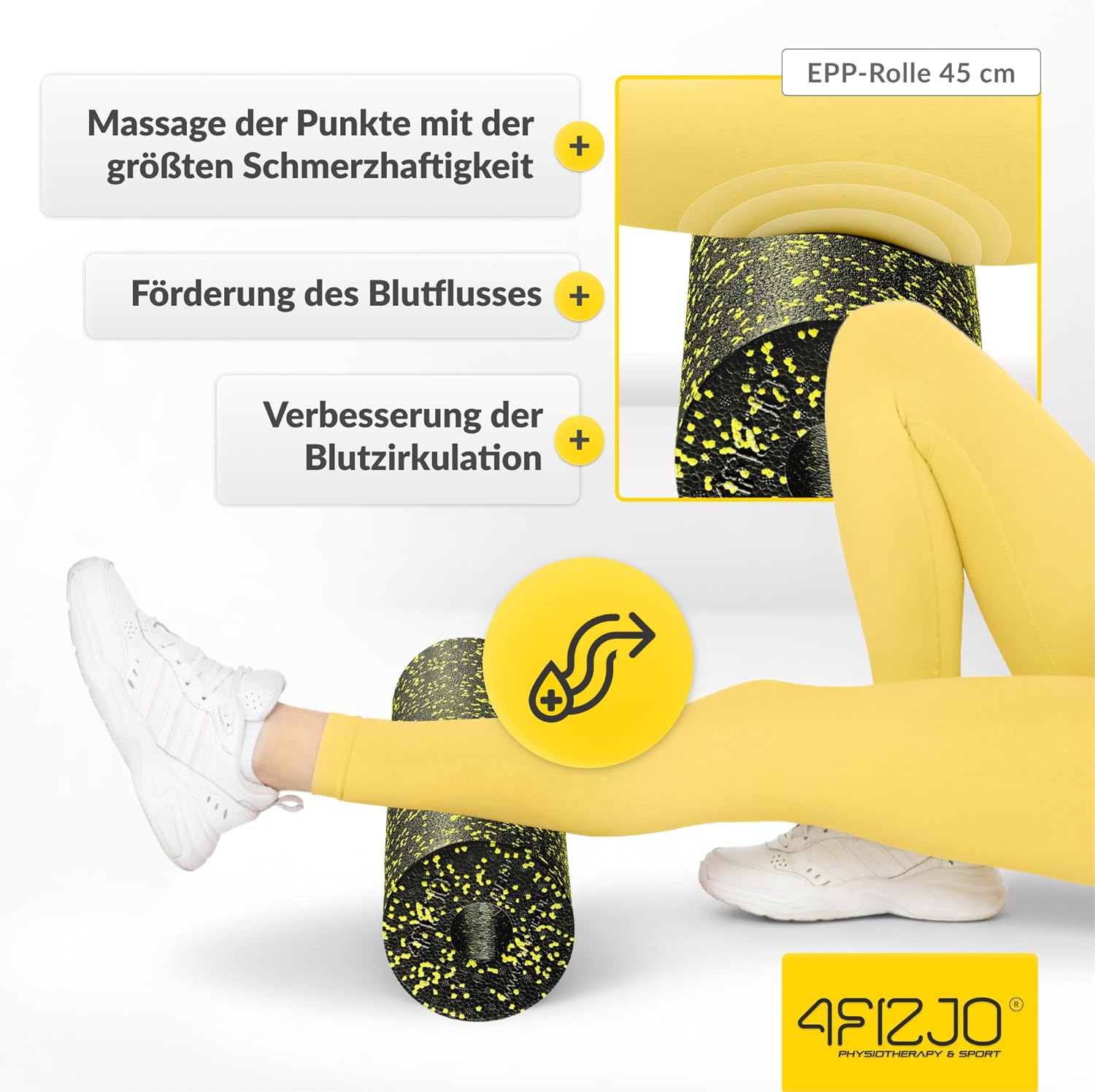 4FIZJO Faszienrolle Schaumstoff, Durchmesser 14,5 cm, Länge 45 cm, Massagerolle, Rückenrolle, Fitnessrolle, leicht, hart, Schaumstoffrolle, Faszientraining, Massagetraining, Schwarz/Gelb – Bild 5