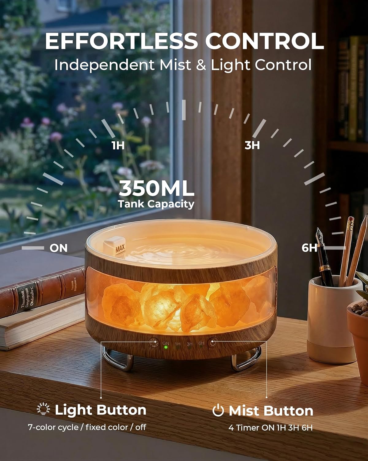 2-in-1-Aromadiffusor & Salzkristalllampe – 300 ml Ultraschall-Duftdiffusor mit 7-Farben-LED-Licht, Timer, leise Luftbefeuchterfunktion für ätherische Luft, ideal für Schlafzimmer, Büro, braune Holzoptik – Bild 3
