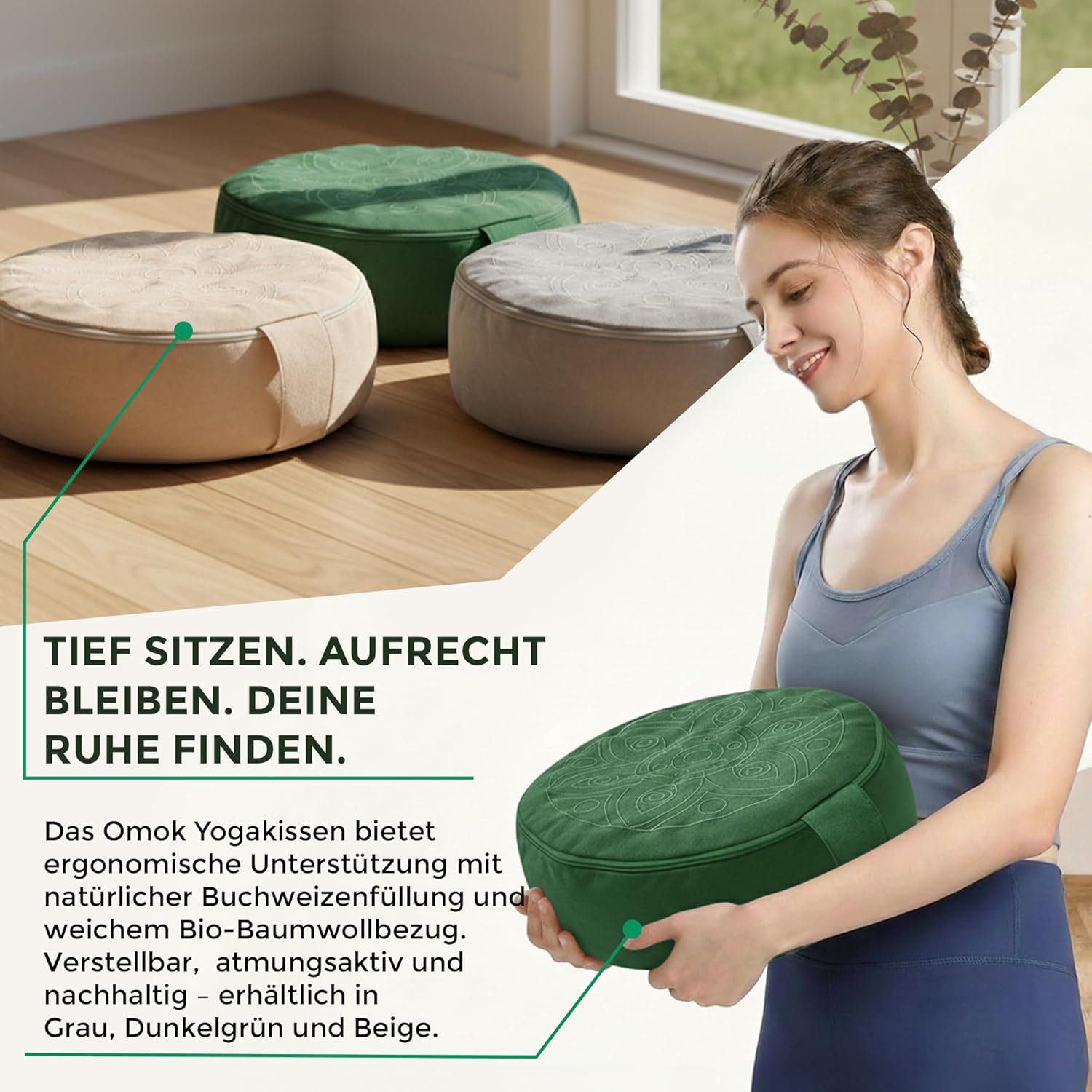 Omok Ergonomisches Yogakissen für Meditation & Entspannung, abnehmbares & waschbares rundes Sitzkissen mit Buchweizenfüllung, nachhaltiges Boden- & Sitzkissen (Dunkelgrün, 35 x 13 cm) – Bild 5