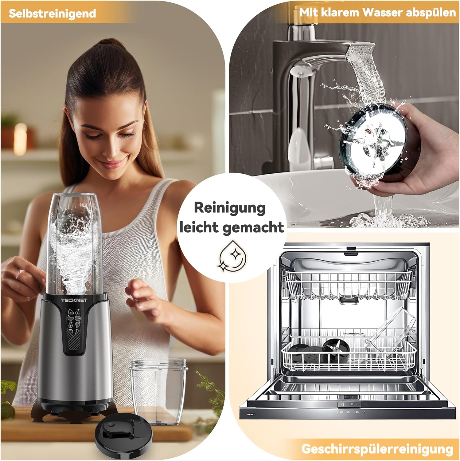 TECKNET 1000 W Smoothie Maker, Smoothie Mixer mit 2 BPA-freien Bechern (500 ml & 150 ml), Standmixer klein mit Kreuzklingen aus 304 Edelstahl, Smoothie Maker to Go für Milchshakes & Smoothie & Babynahrung – Bild 4