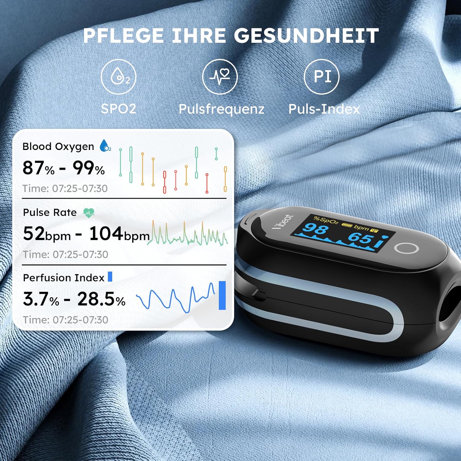 Vibeat Sleep Bluetooth-Pulsoximeter mit kontinuierlichem Modus, wiederaufladbares Sauerstoffsättigungsmessgerät für Finger mit 8 x 10 Stunden Datenaufzeichnung, Blutsauerstoffmessgerät Finger mit automatischer Datensynchronisation – Bild 2