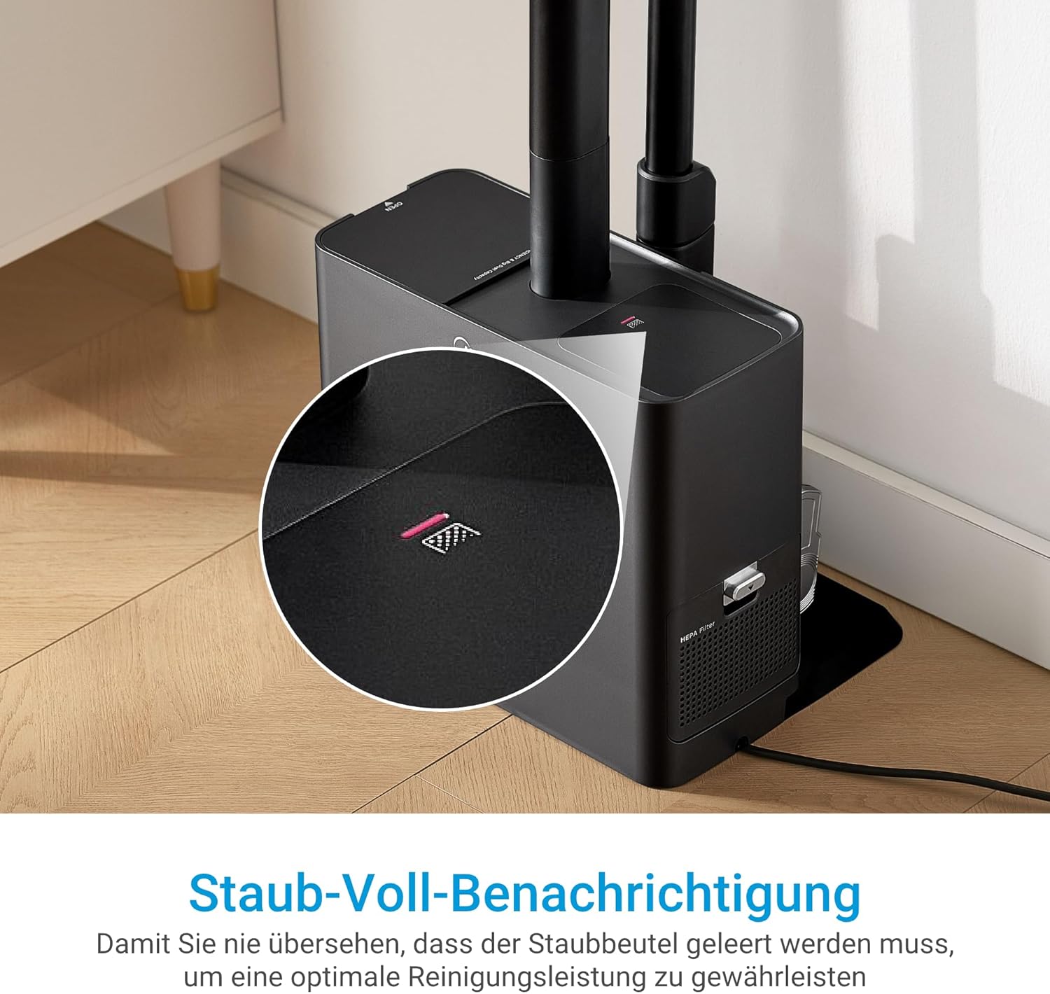 Midea Akku-Staubsauger mit Saugstation, 350 W, bis zu 60 Minuten Laufzeit, selbstentleerende Anti-Tangle-Bürste, LED-Düse, HEPA-Filter, für Allergiker geeignet, austauschbarer Akku, kabellos, schwarz – Bild 11