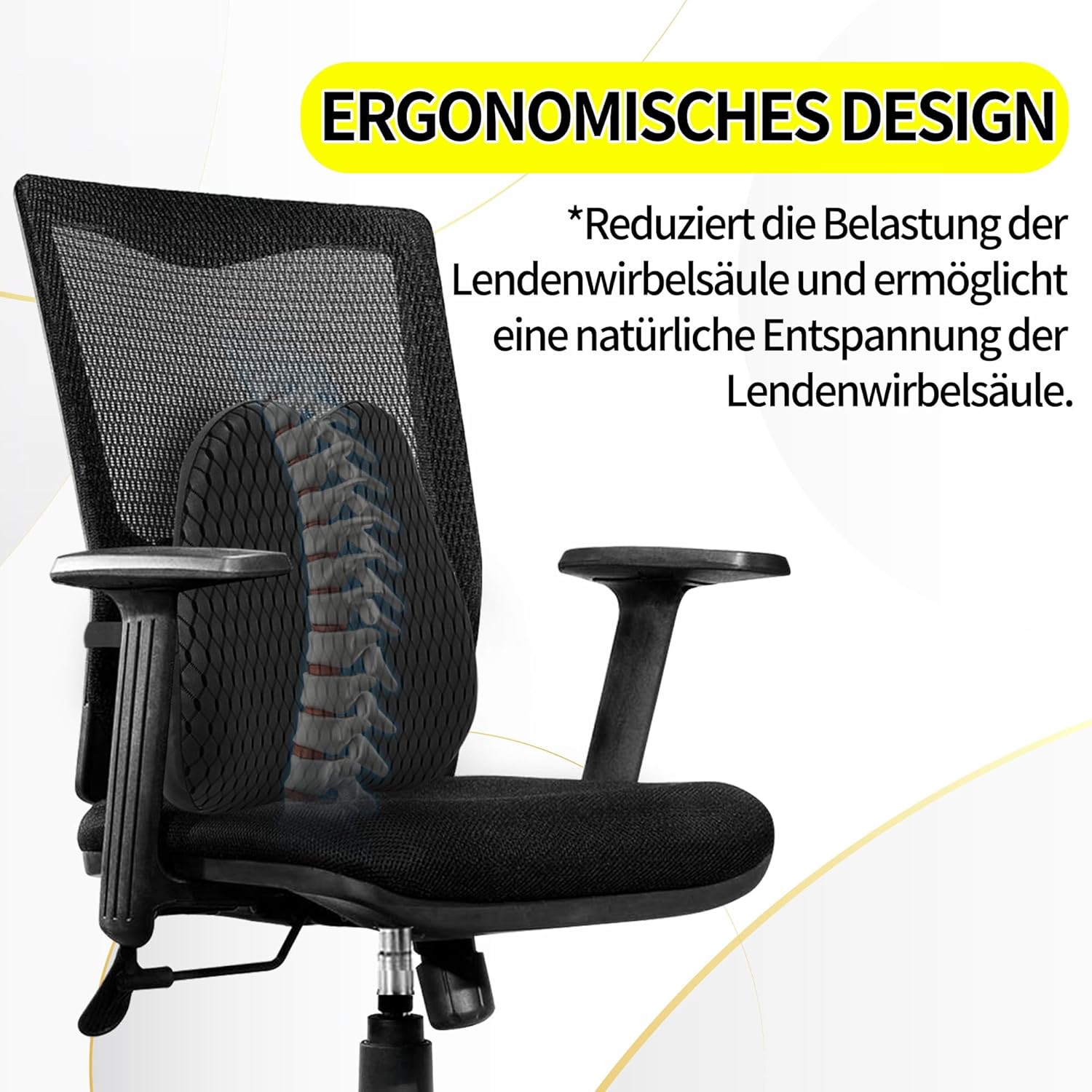 Lendenkissen, Lendenkissen, Memory-Schaum, ergonomisches 3D-atmungsaktives Netz, verstellbare Träger und abnehmbarer Bezug für Bürostuhl/Autositz, universell (schwarz) – Bild 5