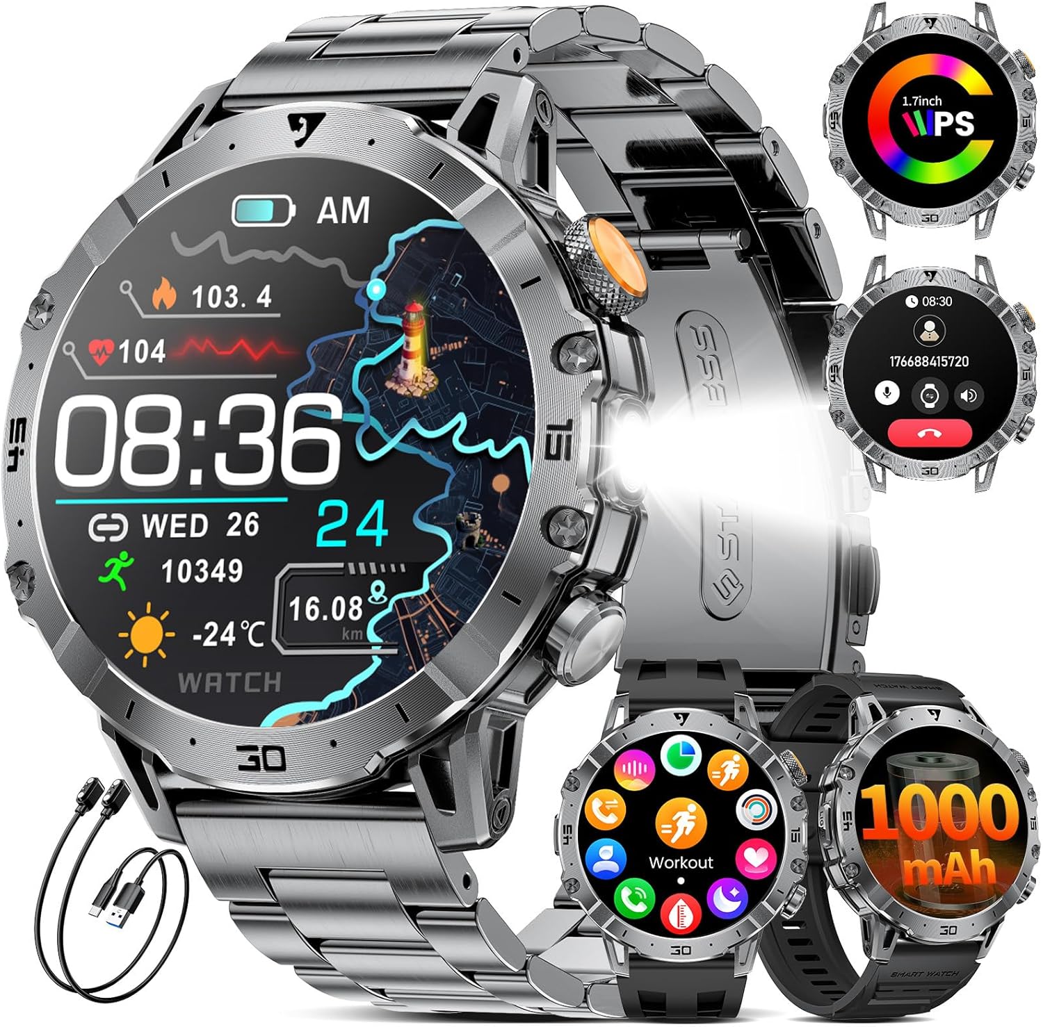 EF18-A Herren-Smartwatch mit 1000 mAh großem Akku, Taschenlampe, Bluetooth-Anruf, 1,7 Zoll Fitnessuhr mit 110+ Sportmodi, Herz- & Schlaf-Tracking, wasserdicht für iOS/Android, 3 Armbänder + 2 Ladegeräte