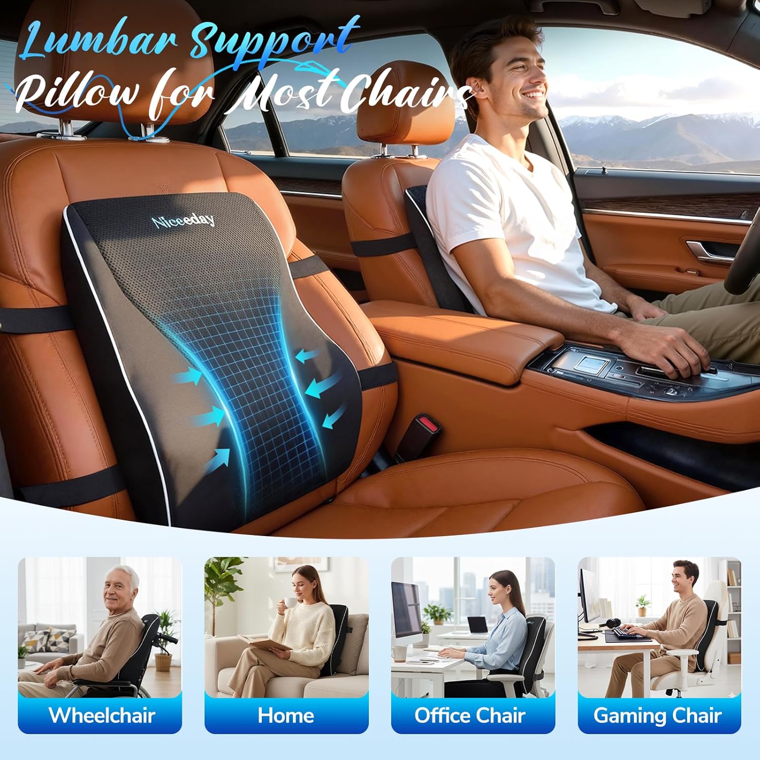 Niceeday Lendenwirbelstützkissen für Bürostuhl, Auto-Lendenkissen, Memory-Schaum-Rückenstützkissen mit atmungsaktiver 3D-Netz-Rückenstütze für Bürostuhl, Rückenstütze, Rückenlehne 3D-Groß – Bild 6