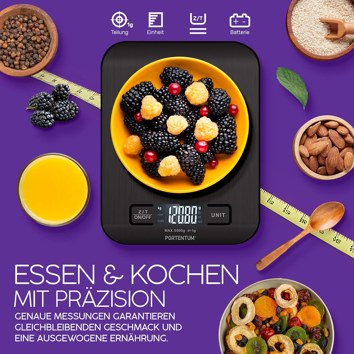 PORTENTUM Digitale Küchenwaage 5 kg mit großem LCD-Display, Digitalwaage, Briefwaage mit großer Wiegefläche aus Edelstahl, Flüssigkeitsmessung, hohe Präzision bis 1 g, Tarafunktion, schwarz – Bild 4