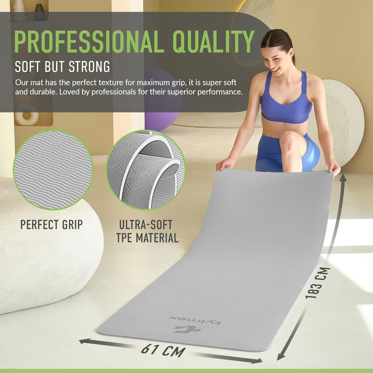 Yogamatte, 183 x 61 cm, dünn, 0,6 cm TPE, umweltfreundlich, rutschfest, leicht, perfekt für Yoga, Pilates, Fitness und Gymnastik, ideal für Zuhause und draußen, pflegeleicht, tragbar, 3 Farben – Bild 2