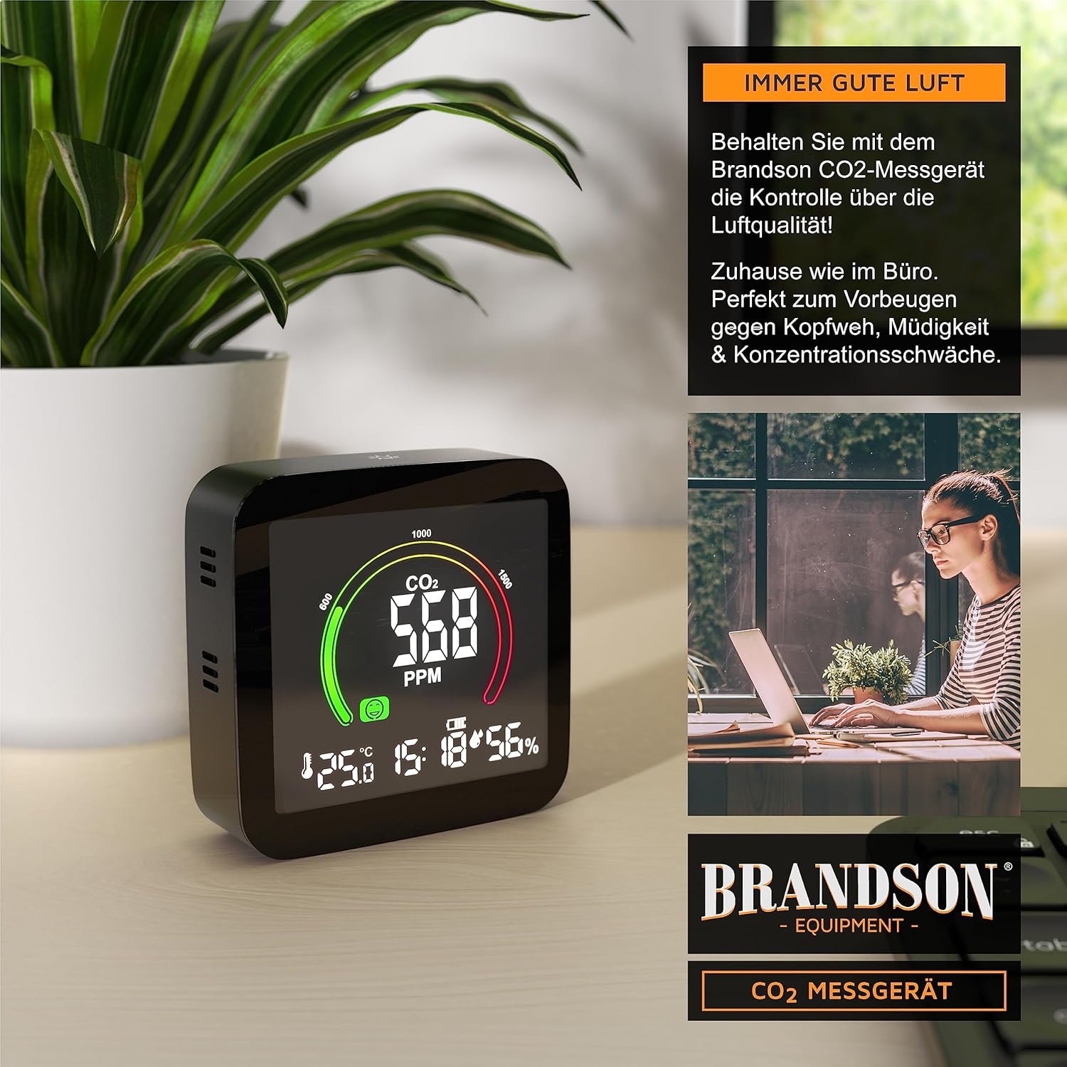 Brandson – CO2-Detektor-Messgerät, Luftqualitätstester, Kohlendioxid-Sensor-Messung PPM, CO2-Anzeige, empfohlener Alarm für Raumluftlüftung, Wecker, Temperaturthermometer, Luftfeuchtigkeits-Hygrometer – Bild 4
