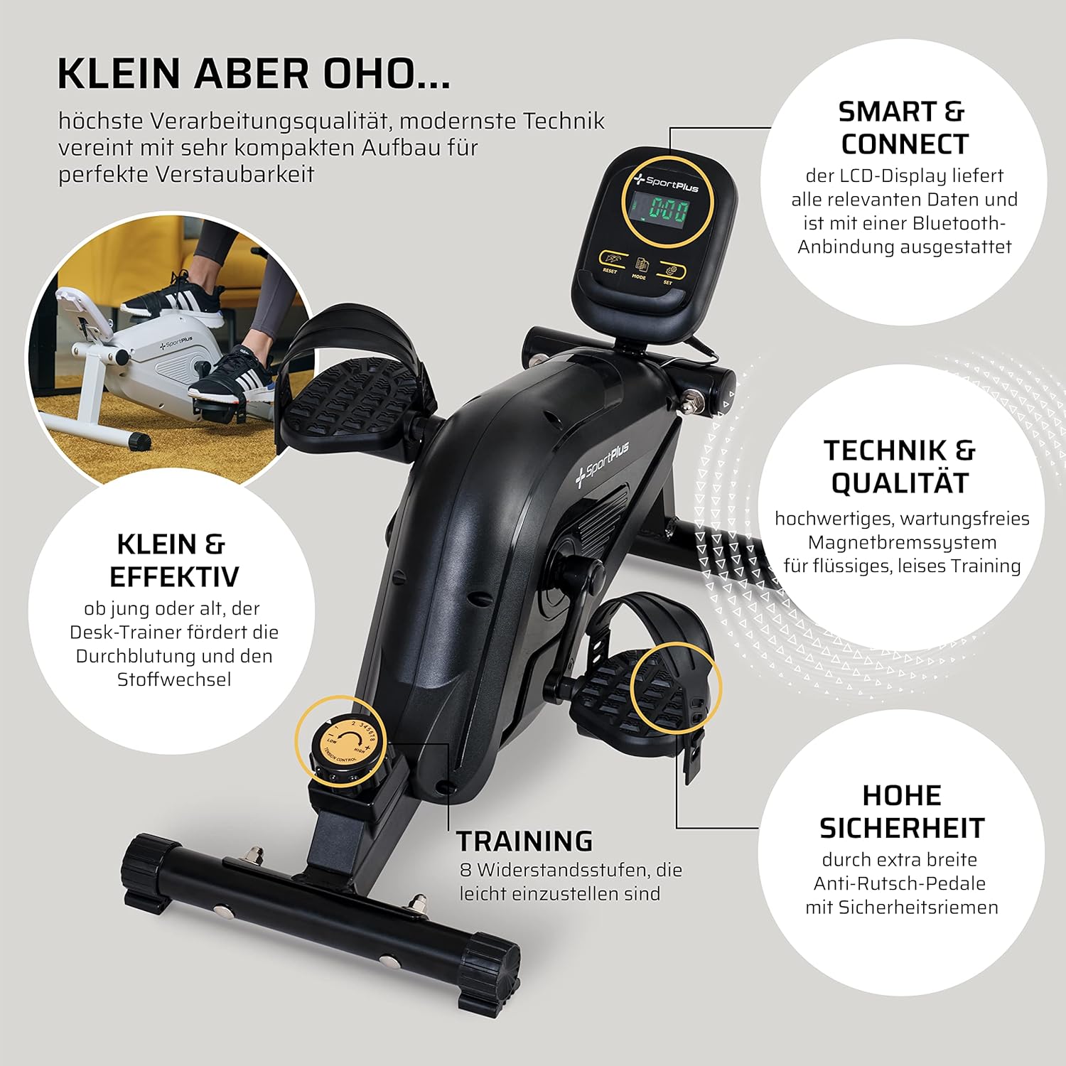SportPlus Beintrainer für Zuhause & Büro, Mini-Heimtrainer mit Magnet-Bremse & 8 Widerstands-Stufen, mit Trainingscomputer, extra breite Pedale, App-kompatibel | Heimtrainer Fahrrad | Minibike – Bild 4