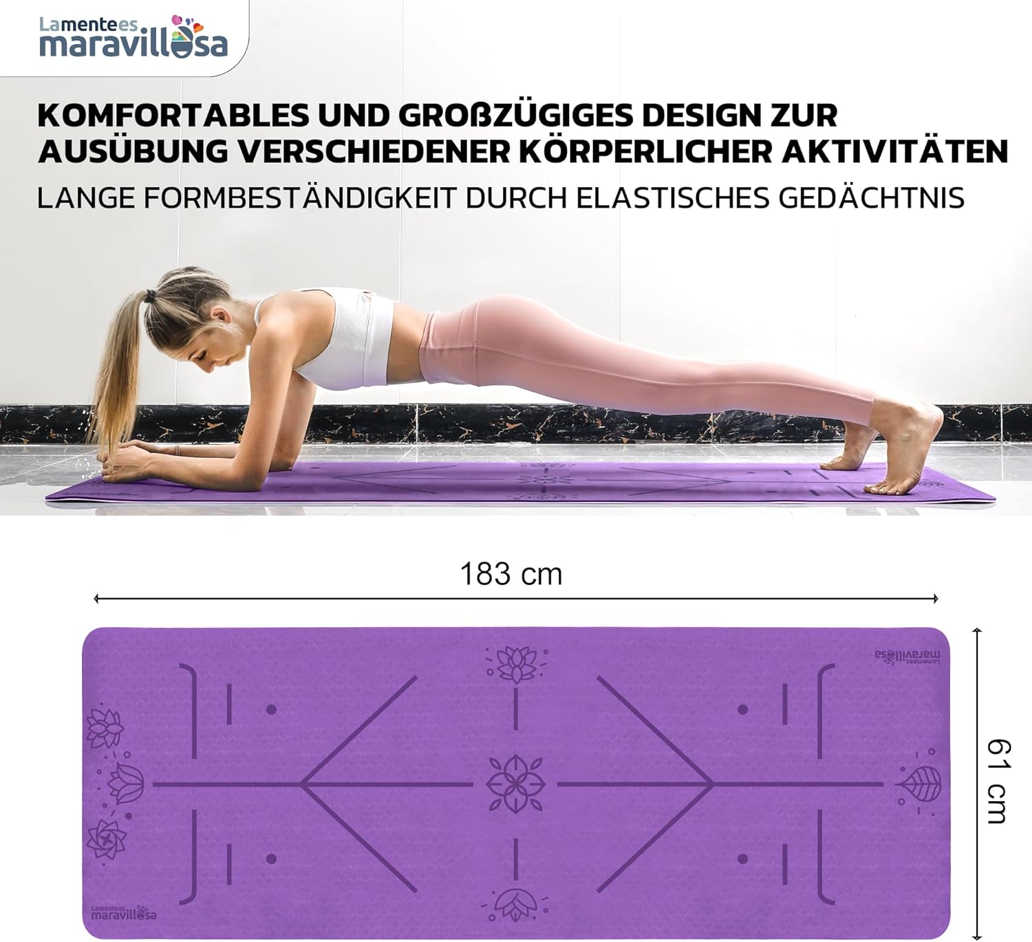 LA MENTE ES MARAVILLOSA Gymnastikmatte, rutschfestes TPE, 183 x 61 cm, inkl. Tragegurt + Tasche + Übungs-E-Book, gelenkschonende Yogamatte für Fitness, Pilates, geeignet für den Innen-/Außenbereich – Bild 4