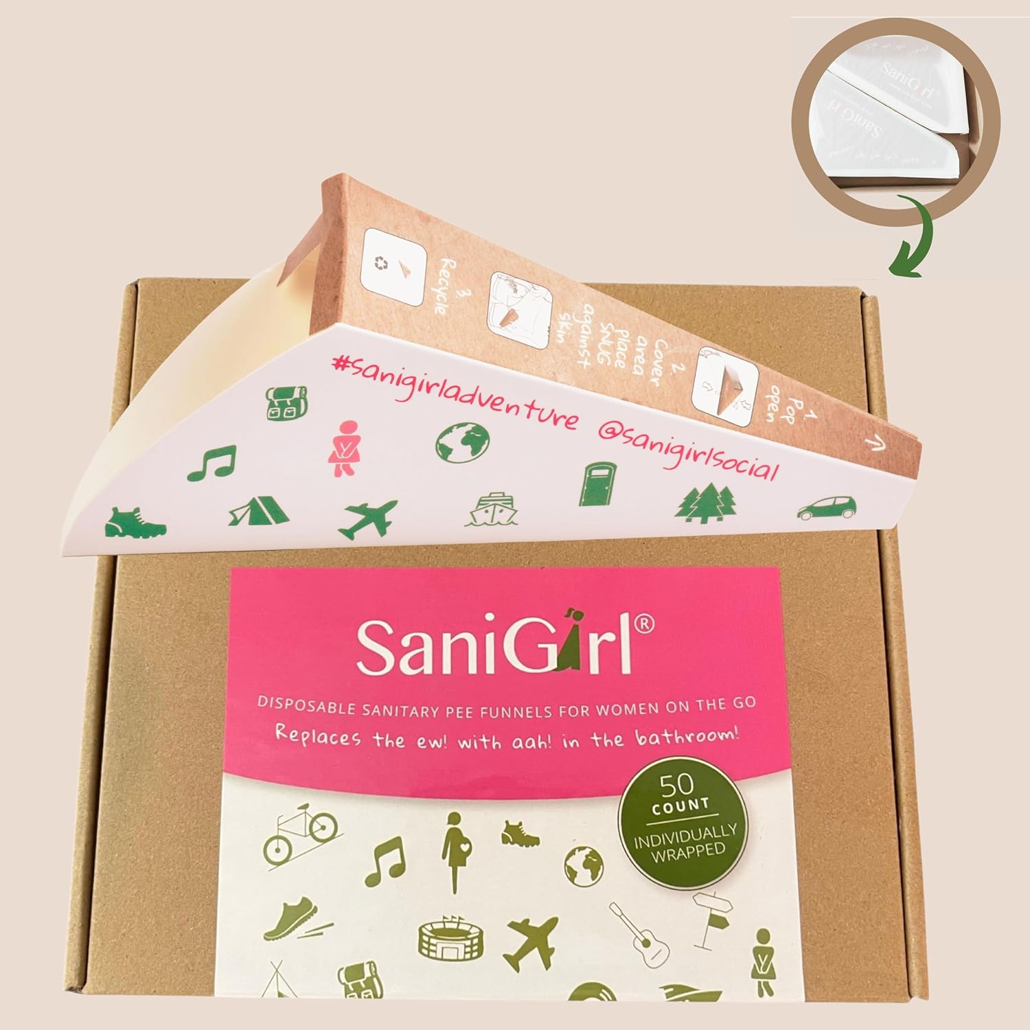 SaniGirl Urinella weibliches Uriniergerät, Einweg-Damenhygieneprodukte für Frauen, stehende Pinkelhilfe, Pinkel-Trichter, Toilette, Porta Potti, Outdoor-Reise-Urinal für Frauen (50 Stück, einzeln verpackt) – Bild 2