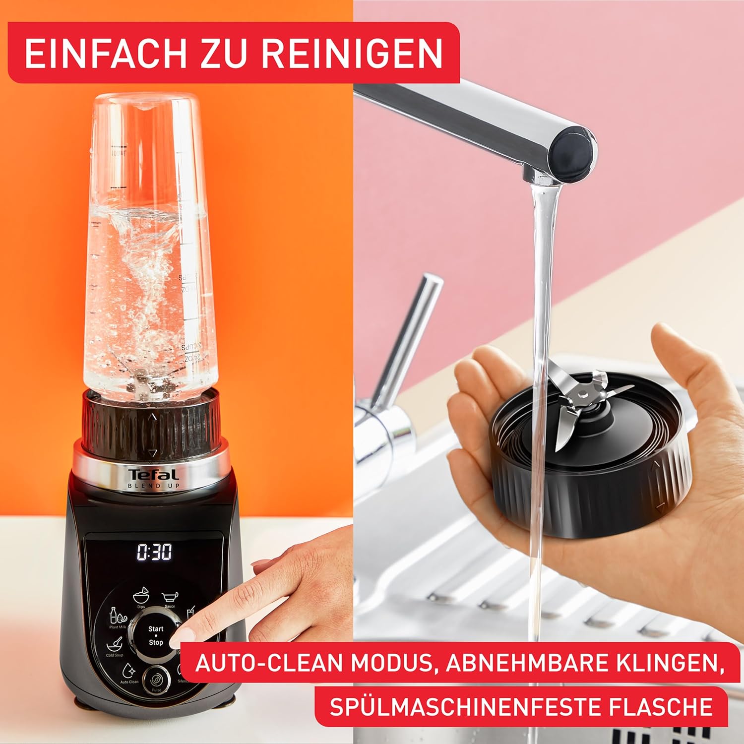 Tefal Blend Up BL19JEF0 1000 W, 8 automatische Programme, Powelix-Klingen, automatischer Reinigungsmodus, kompakt, leicht, geräuschloser Modus, inklusive Flaschen für unterwegs (400/700 ml), Grau – Bild 4