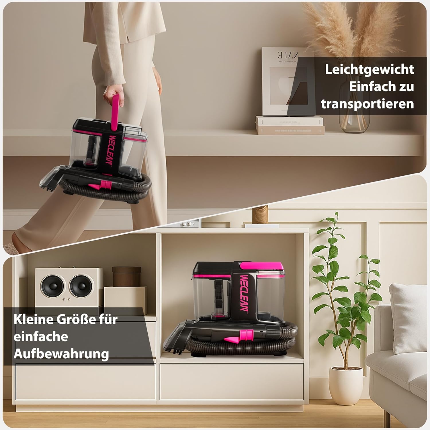 WECLEAN Staubsauger für Teppiche und Polster, tragbarer Nass- und Trockensauger mit 350-W-Motor und 2-Tank-System, ideal für Auto, Couch und hartnäckige Flecken, Schwarz und Rosa – Bild 6