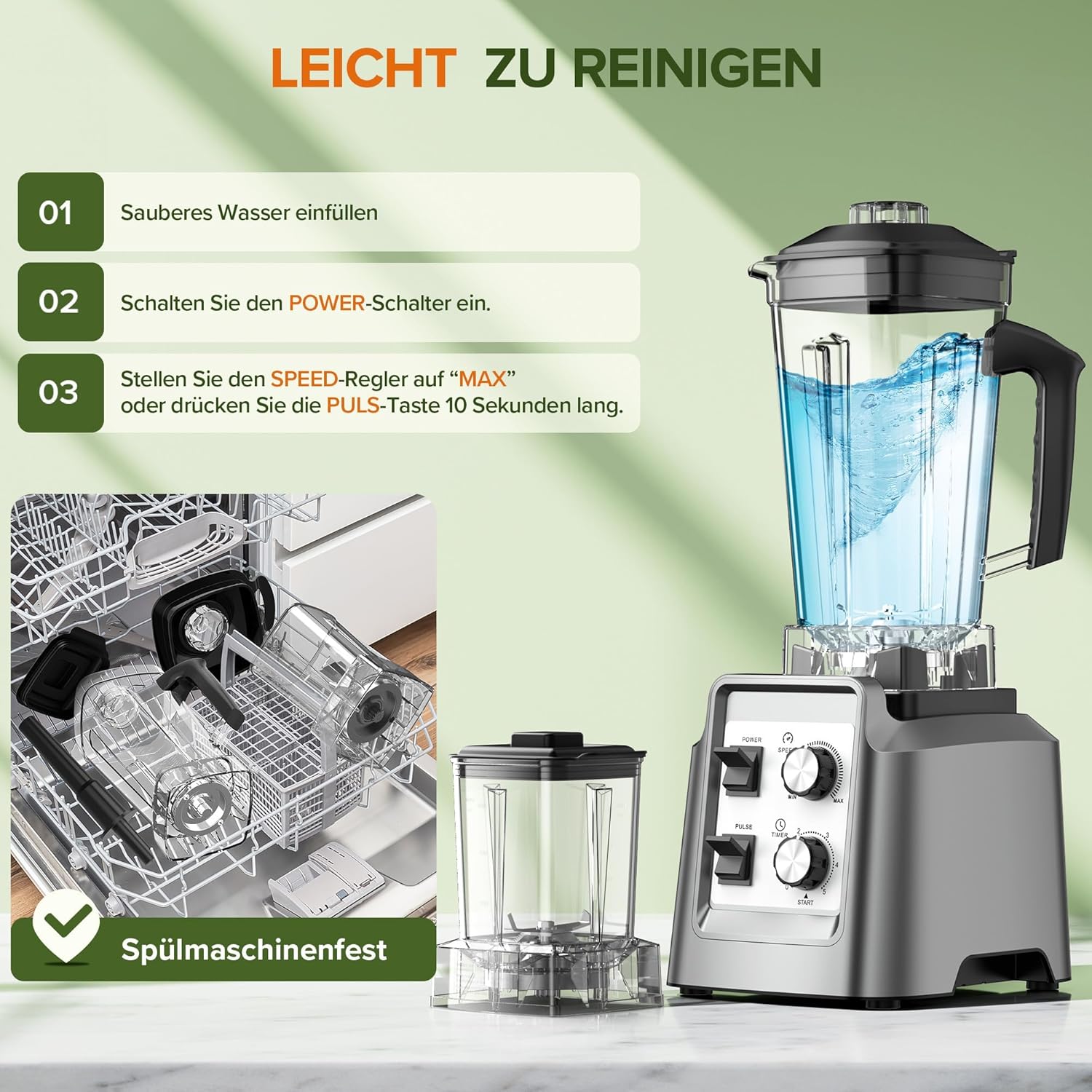 Teendow Standmixer, 1800 W Smoothie Maker, Tischmixer mit 2,0 Liter Behälter + 600 ml Kaffeemühle, geeignet zum Zerkleinern von Eis und gefrorenen Früchten, BPA-frei (Silber) – Bild 3