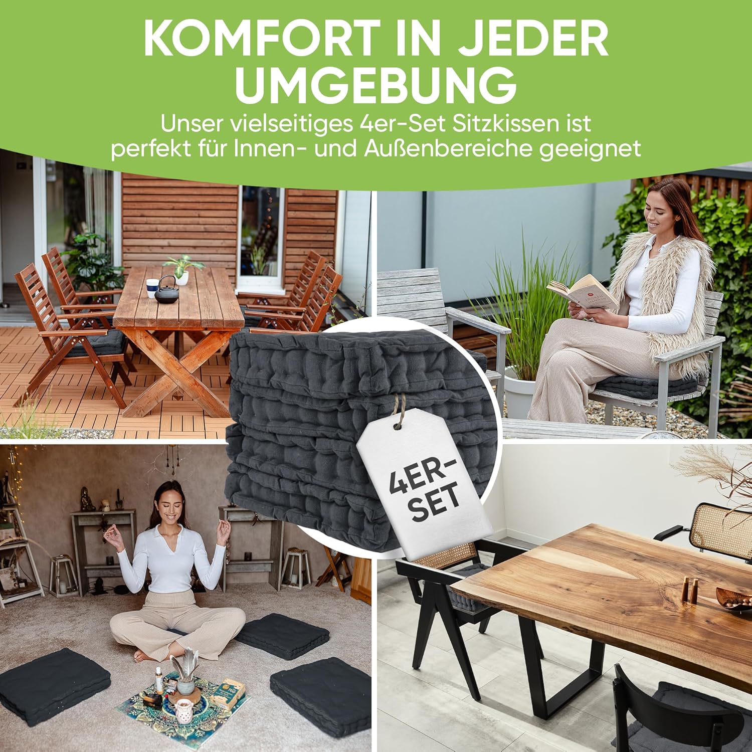 Gräfenstayn® 4er Set Sitzkissen Stuhlkissen 40 x 40 x 8 cm für den Innen- und Außenbereich aus 100% Baumwolle, dicke Polsterung, Steppkissen/Bodenkissen (Anthrazit) – Bild 4