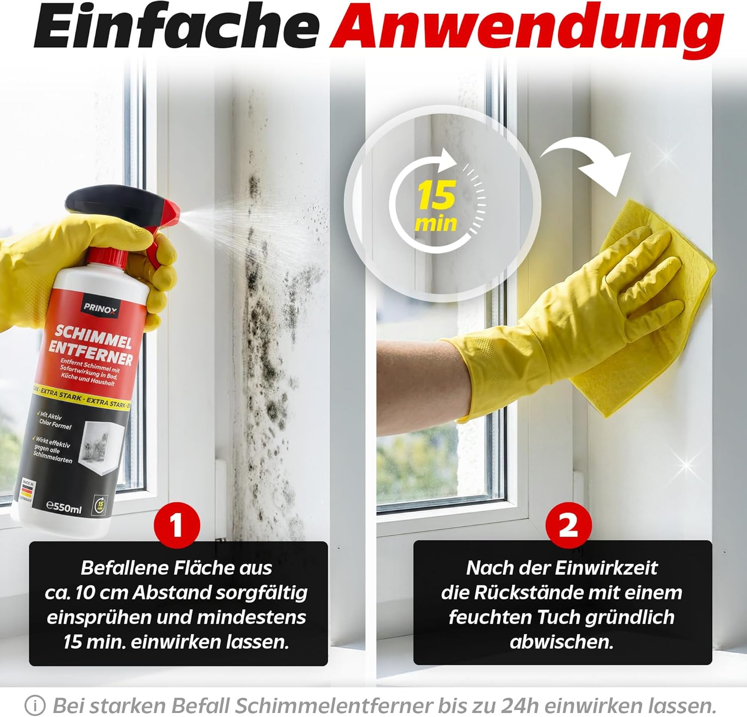 Professionelles Schimmelentferner-Set inklusive 2 Schutzhandschuhen – Schimmelspray mit Haftwirkung gegen Schimmel an Wand, Fugen, Tapeten, Textilien, Auto – entfernt Schimmel hocheffektiv – Bild 3
