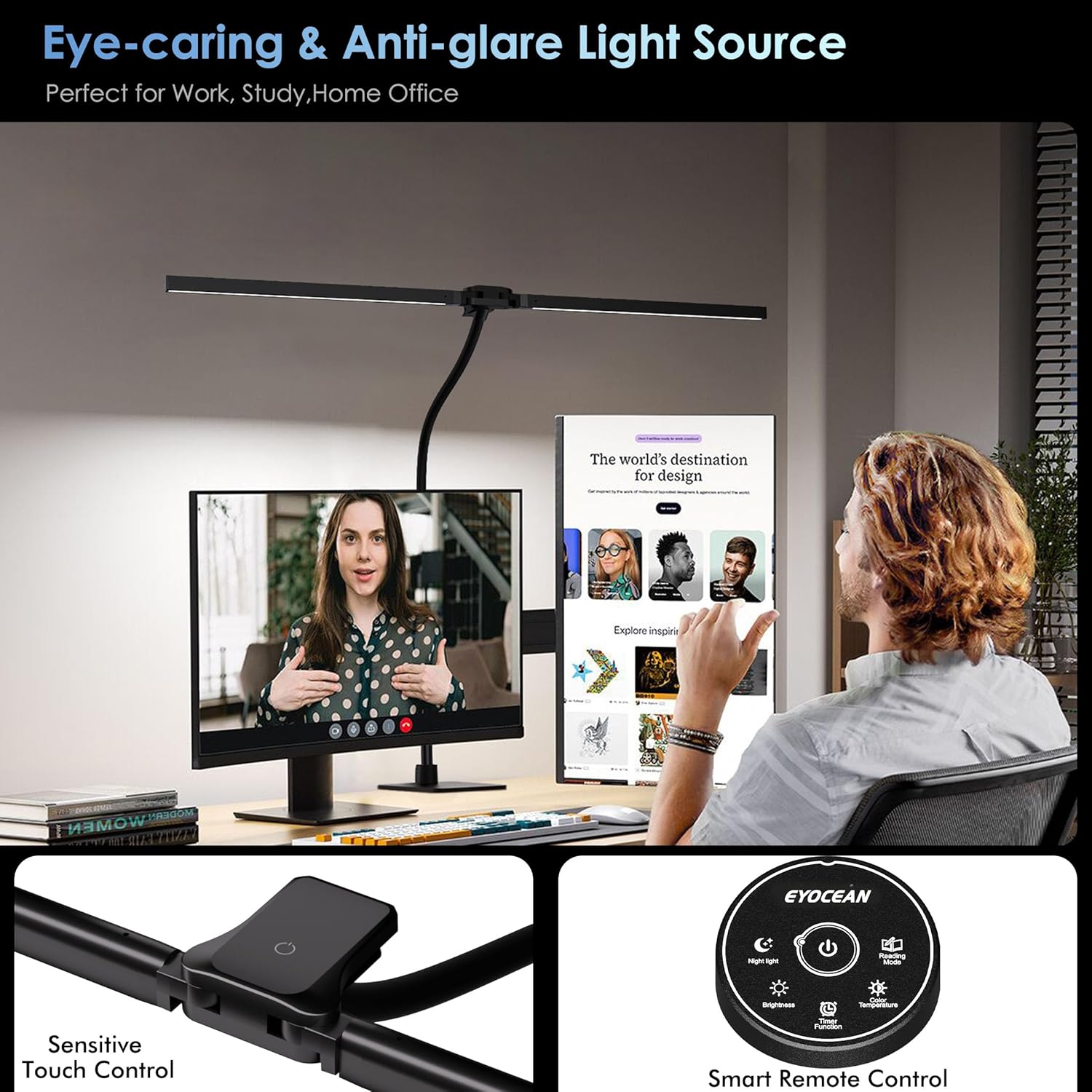 EYOCEAN Schreibtischlampe, Doppelkopf-Schreibtischlampe, 24 W 80 cm Tageslichtlampe Schreibtisch mit Fernbedienung, dimmbare Monitorlampe, Bürotischlampe, Augenschutz-Bildschirmlampe – Bild 3
