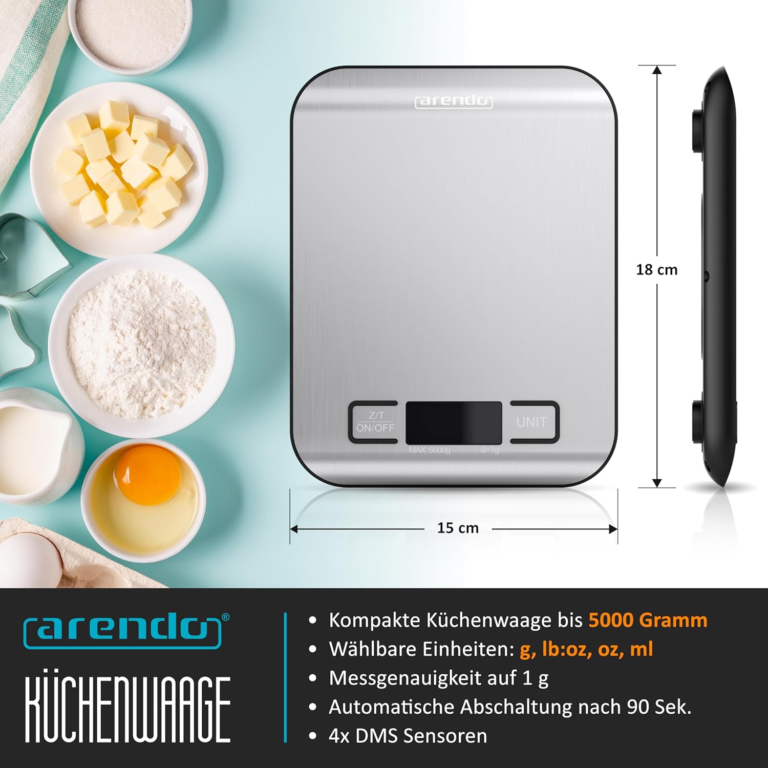 Arendo – Digitale Küchenwaage aus Edelstahl – max. 5 kg – LCD-Display – Tara-Wiegefunktion – Messgenauigkeit 1 g – Display mit LCD-Anzeige – g, lb:oz, oz, ml – Bild 2