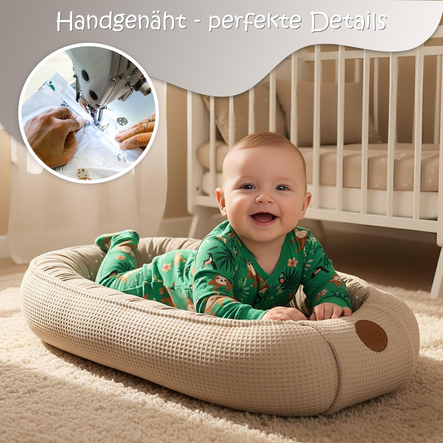 Babynest für Neugeborene/Babys, handgefertigter doppelseitiger Waffel-Pique-Baumwollkokon, 90 x 50 cm, Teddybären – Bild 5