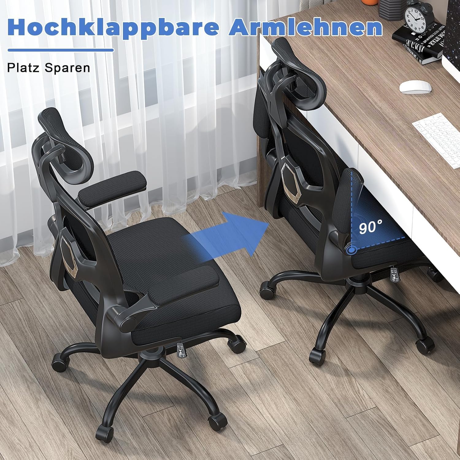 naspaluro Ergonomischer Bürostuhl mit klappbaren Armlehnen, dynamische Lordosenstütze, höhenverstellbarer Bürostuhl mit 120°-Wippfunktion, Upgrade Schwarz – Bild 5