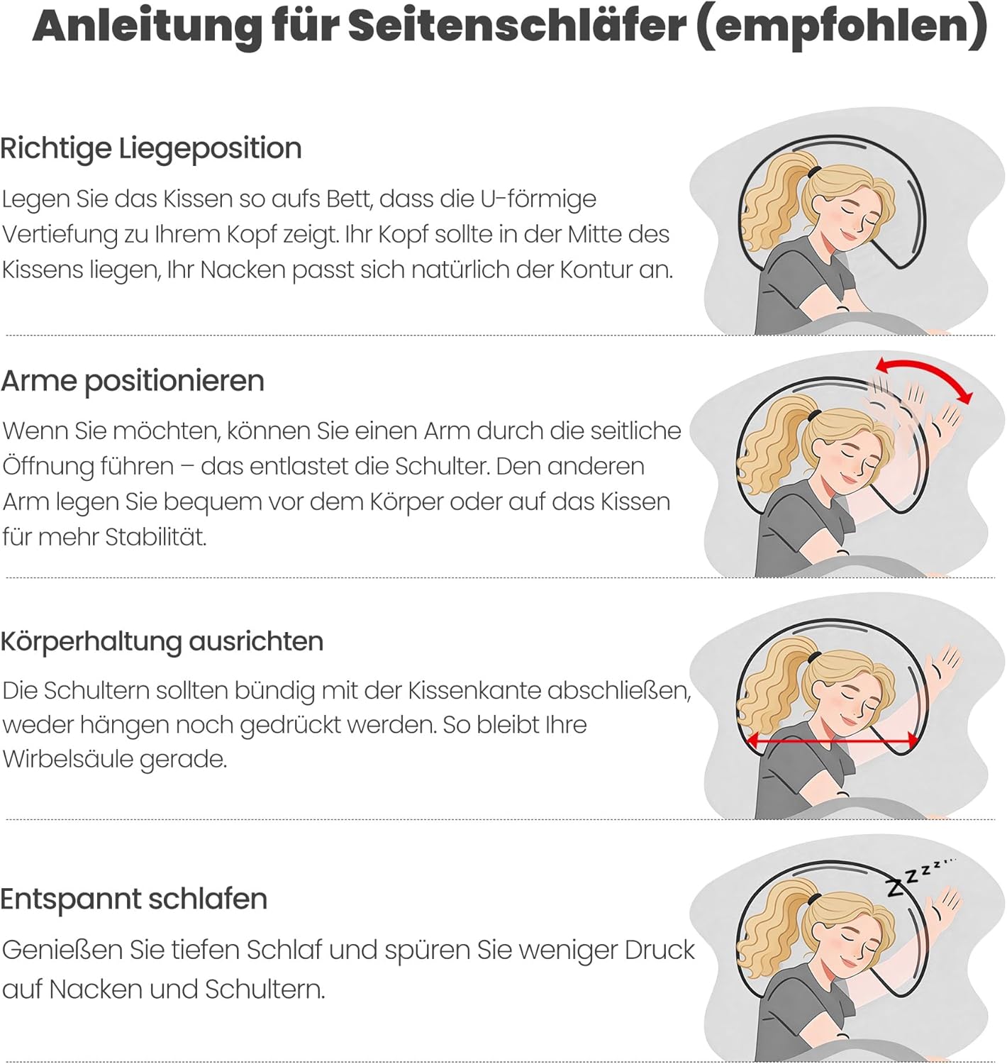 Ergonomisches Seitenschläferkissen mit Armloch – orthopädisches Memory-Schaum-Nackenstützkissen für Nacken und Schulter – Kissen für Seitenschläfer, Rücken- und Bauchschläfer – waschbarer Bezug, blau – Bild 9
