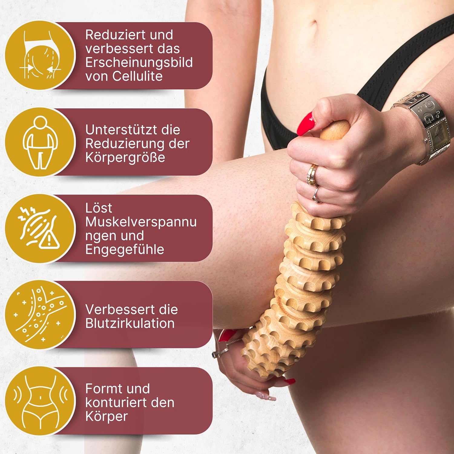 Holz-Faszienstab aus Buchenholz gegen Körper und Cellulite. Faszienrolle Holz, Massagerolle Beine, Massagegerät für die Maderotherapie. Massagerolle. Inklusive Baumwollbeutel – Bild 2